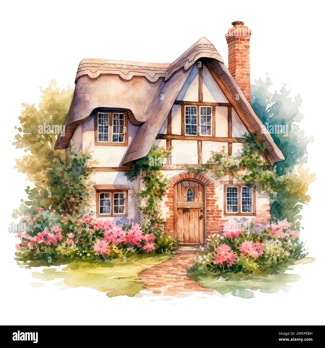Illustrazione disegnata a mano di una tradizionale casa di villaggio inglese isolata su sfondo bianco. Casa accogliente ad acquerello con tetto in paglia, piante e cielo. Foto Stock