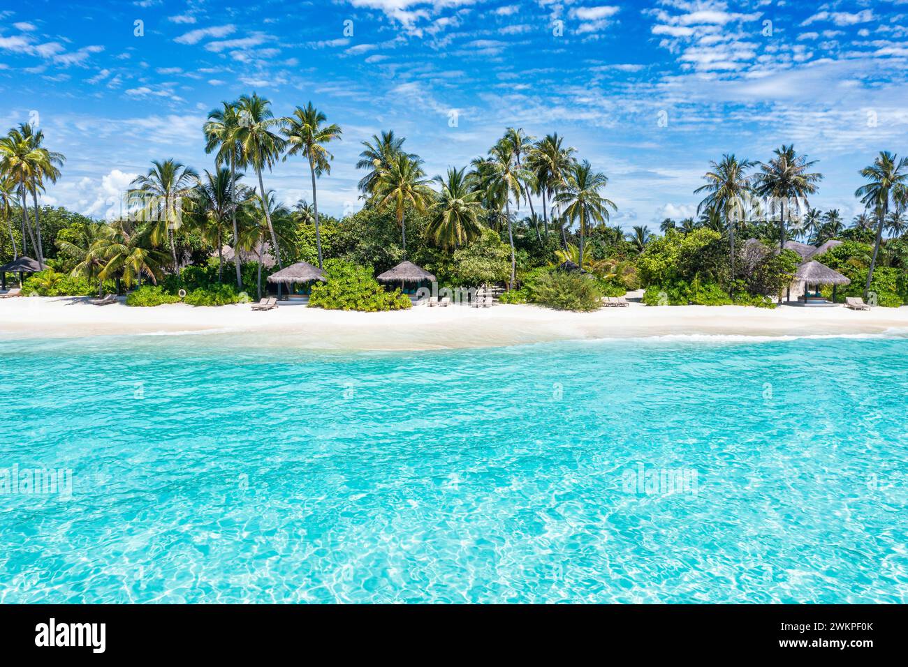 Foto aerea delle splendide ville delle Maldive paradisiache ai tropici. Costa incredibile, acqua blu turchese, palme e spiaggia di sabbia bianca. Viaggi di lusso Foto Stock