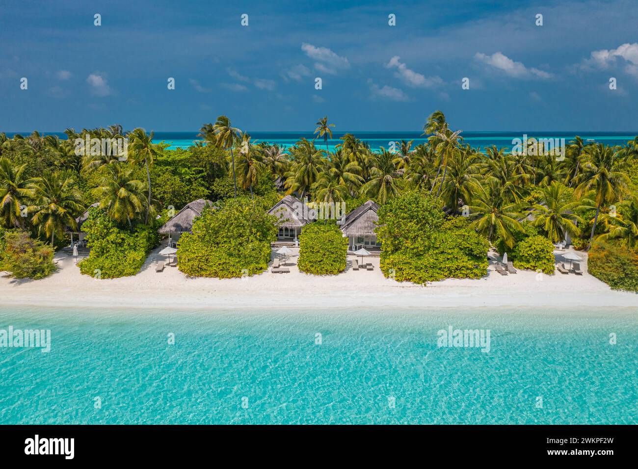 Foto aerea delle splendide ville delle Maldive paradisiache ai tropici. Costa incredibile, acqua blu turchese, palme e spiaggia di sabbia bianca. Viaggi di lusso Foto Stock
