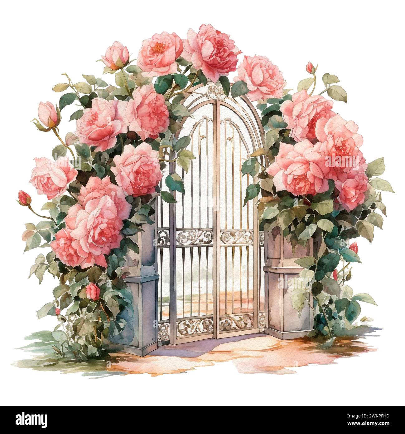 Arco nuziale in giardino di fiori teneri, rami e foglie. Illustrazione ad acquerello dipinta a mano. Foto Stock