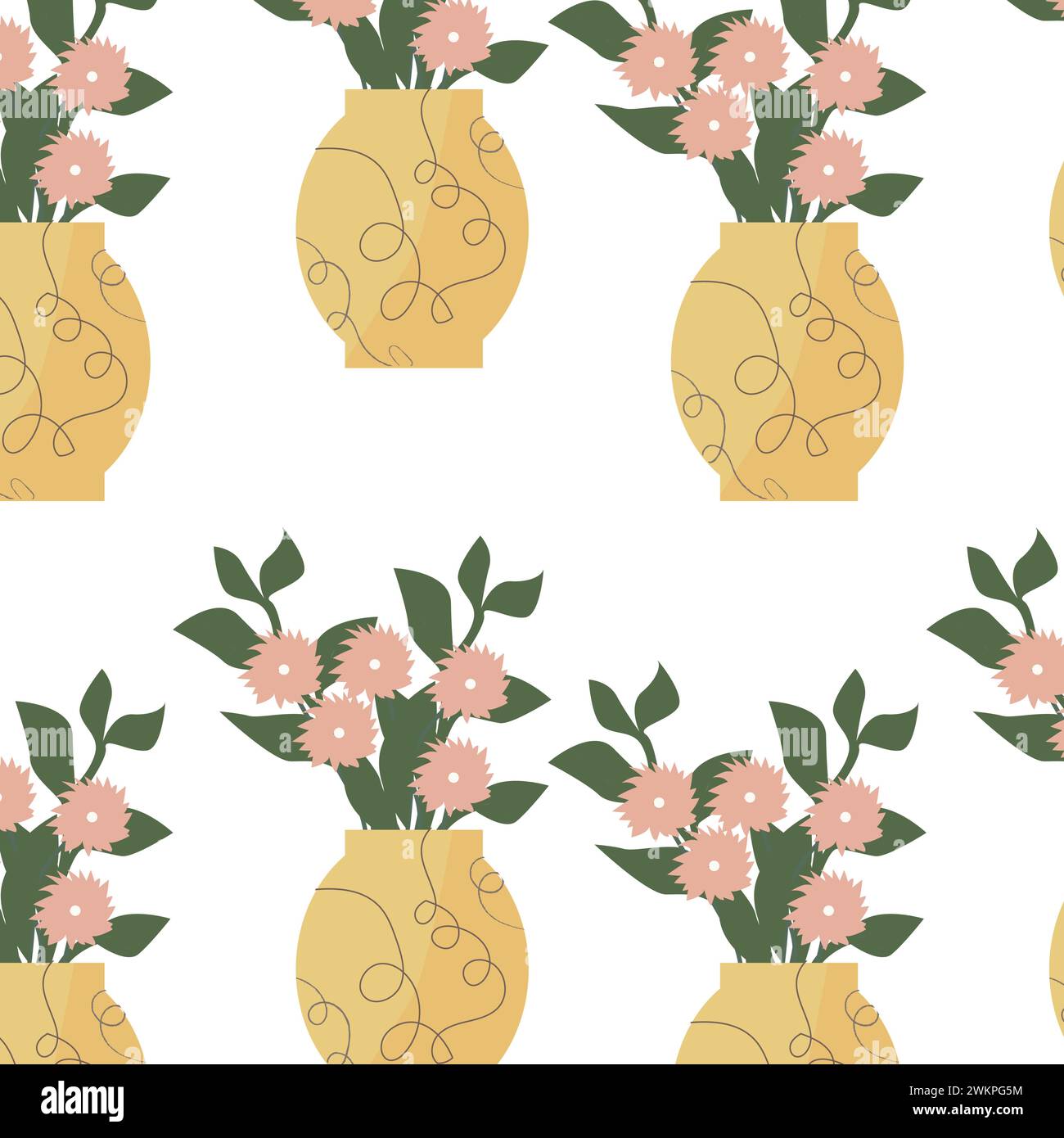 motivo floreale estivo con vaso giallo e fiori con ramoscello. L'illustrazione vettoriale può essere utilizzata per avvolgere carta, tessuto, tessuto, stampa per abiti e poster. Illustrazione Vettoriale