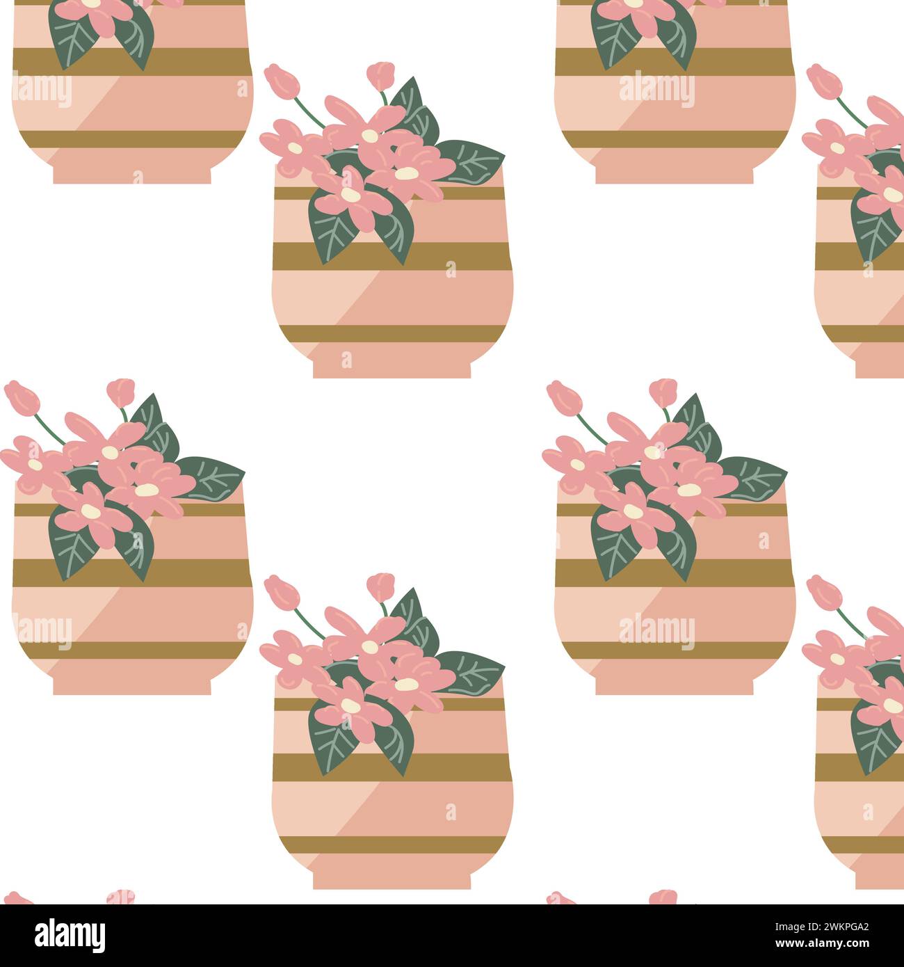 motivo primaverile o estivo con vaso e fiori rosa. L'illustrazione vettoriale può essere utilizzata per avvolgere carta, tessuto, tessuto, stampa per abiti e poster. Illustrazione Vettoriale