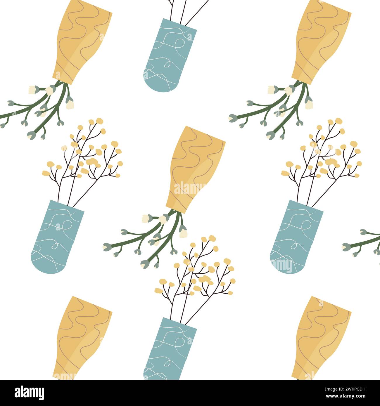 Motivo floreale a molla in stile piatto con ramoscello a molla. Illustrazione vettoriale di vaso per la casa con ramo con fiore fiorito. Può essere utilizzato per tessuti, poster. Vecchio stile con motivo senza cuciture. Illustrazione Vettoriale