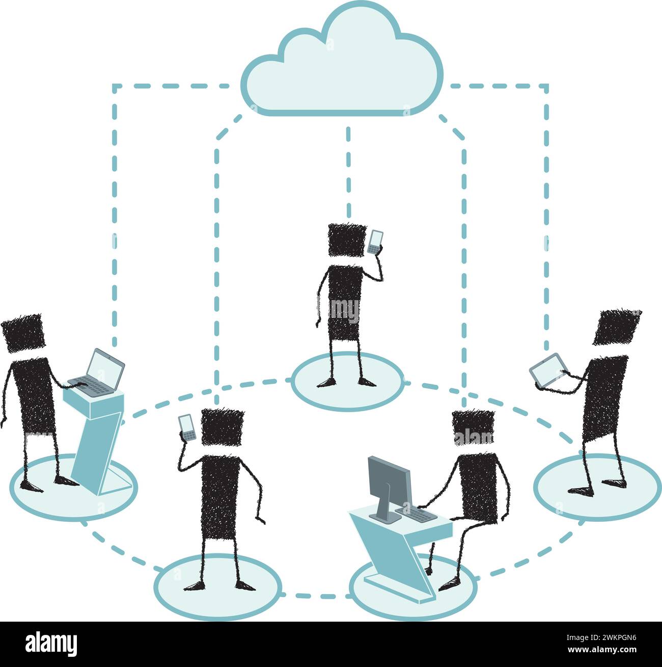 Illustrazione di un gruppo di figure stick collegate al cloud Internet con diversi dispositivi mobili (telefono cellulare, laptop, tablet, PC). Illustrazione Vettoriale