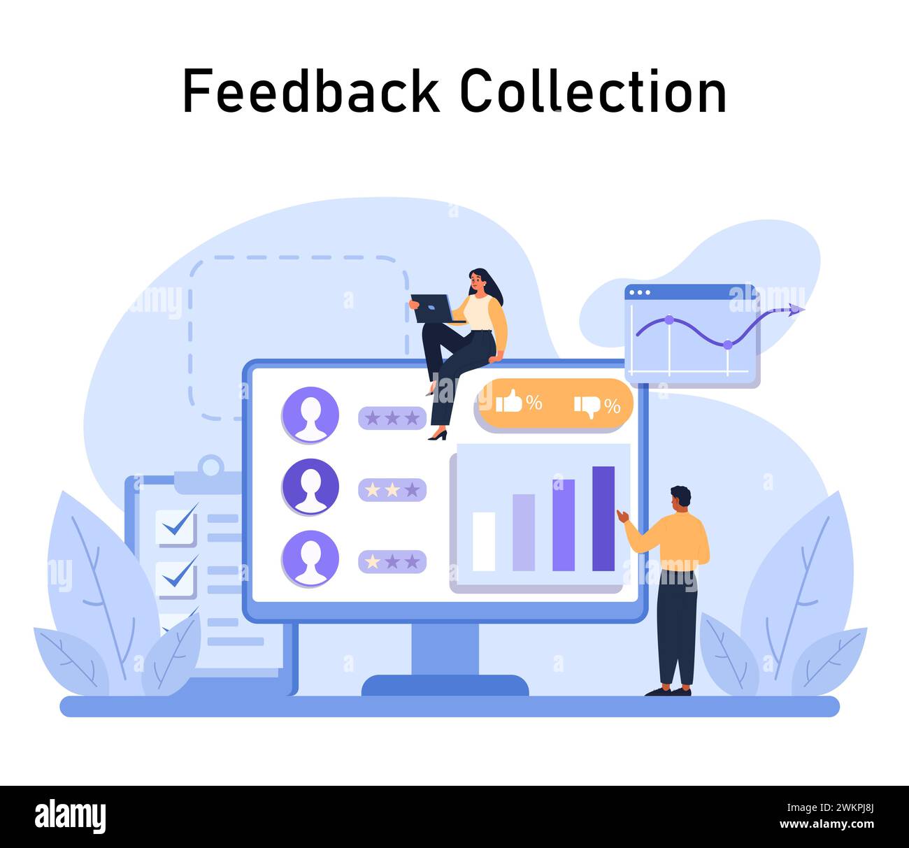 Team che analizza il feedback dei clienti su grande schermo, sottolineando le informazioni basate sui dati ricavate da valutazioni, recensioni e grafici delle prestazioni. Illustrazione vettoriale piatta. Illustrazione Vettoriale