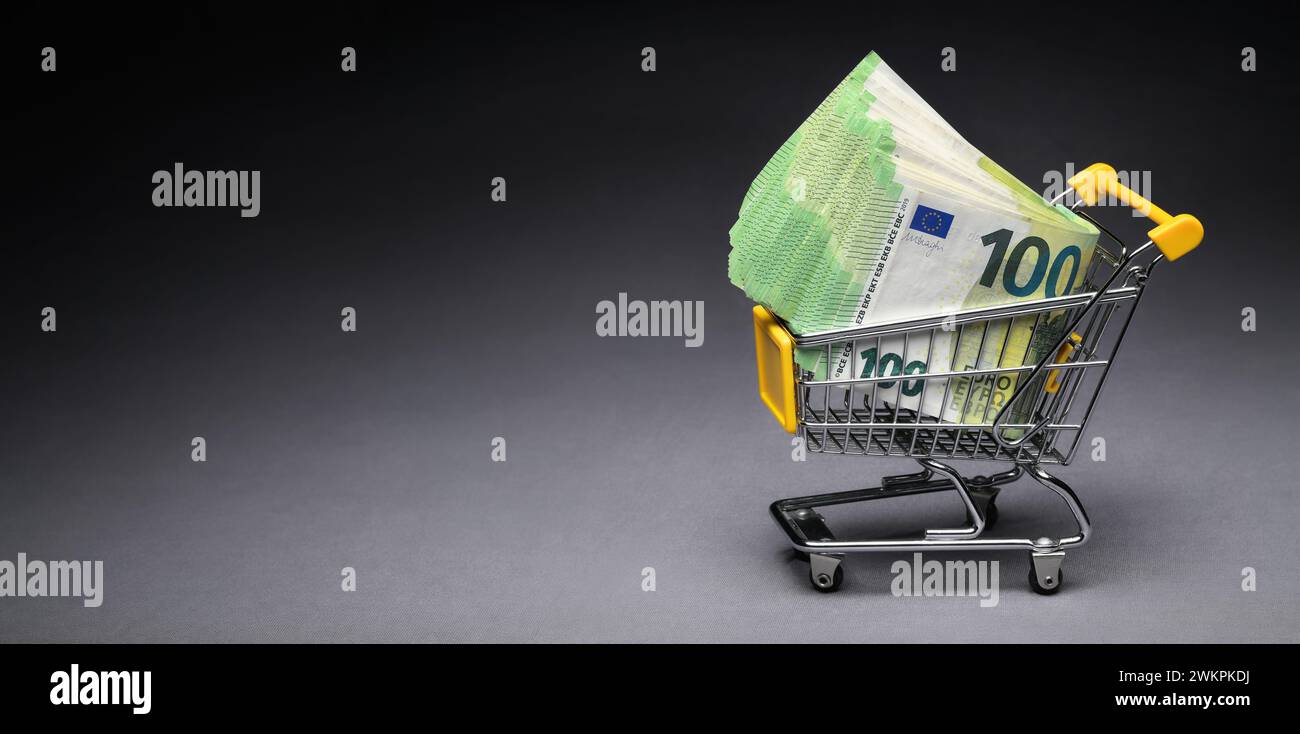 Denaro in un carrello della spesa in miniatura: Un concetto di finanza con un mucchio di banconote in euro e uno spazio di copia. Rappresenta un prestito, un credito, un prelievo di contanti, Foto Stock