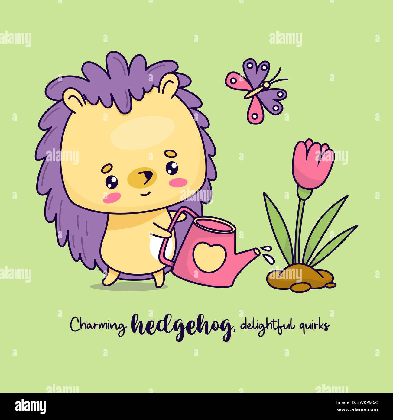 Carino giardiniere di ricci. Animale cartoni animati con farfalle e acqua di lattina da giardino fioriscono. Illustrazione vettoriale. Simpatico personaggio degli animali kawaii. Bambini Illustrazione Vettoriale