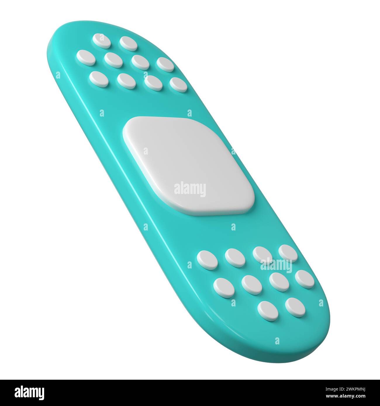 icona in gesso medico 3d. Rendering di un'illustrazione di una benda adesiva. Patch di recupero mediana color turchese e bianco in un grazioso design a cartoni animati. Primo Foto Stock