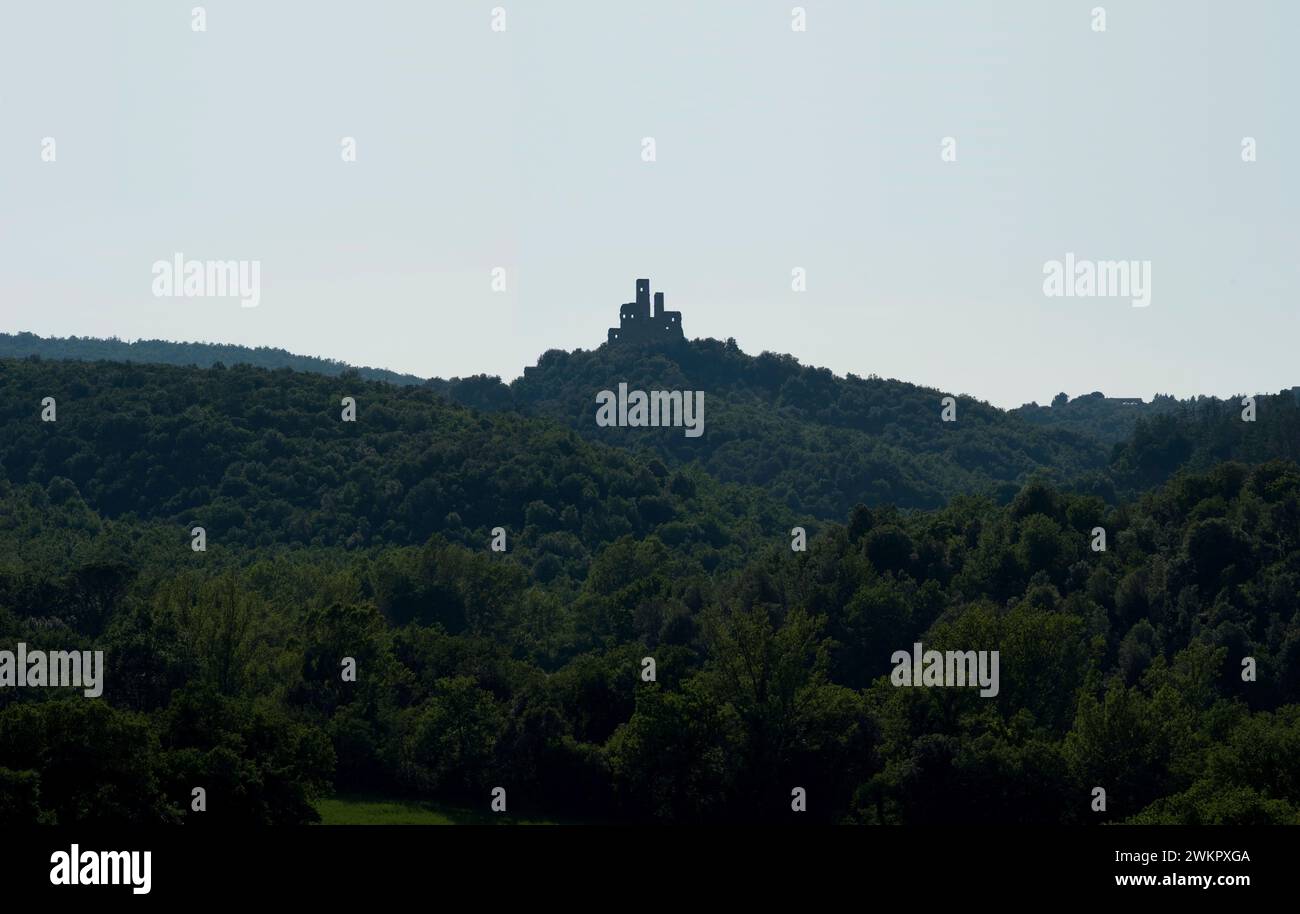 Rovine del castello, castello infestato dai fantasmi in una foresta buia profonda tra Murlo e Casciano, Toscana, Italia Foto Stock