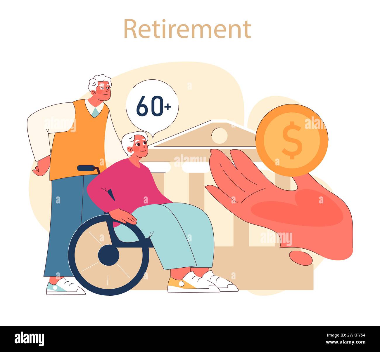 Concetto di preparazione al pensionamento. Una coppia senior si concentra sulla salute finanziaria per la loro vita post-pensionamento, simboleggiando la preparazione e il sostegno. Illustrazione Vettoriale