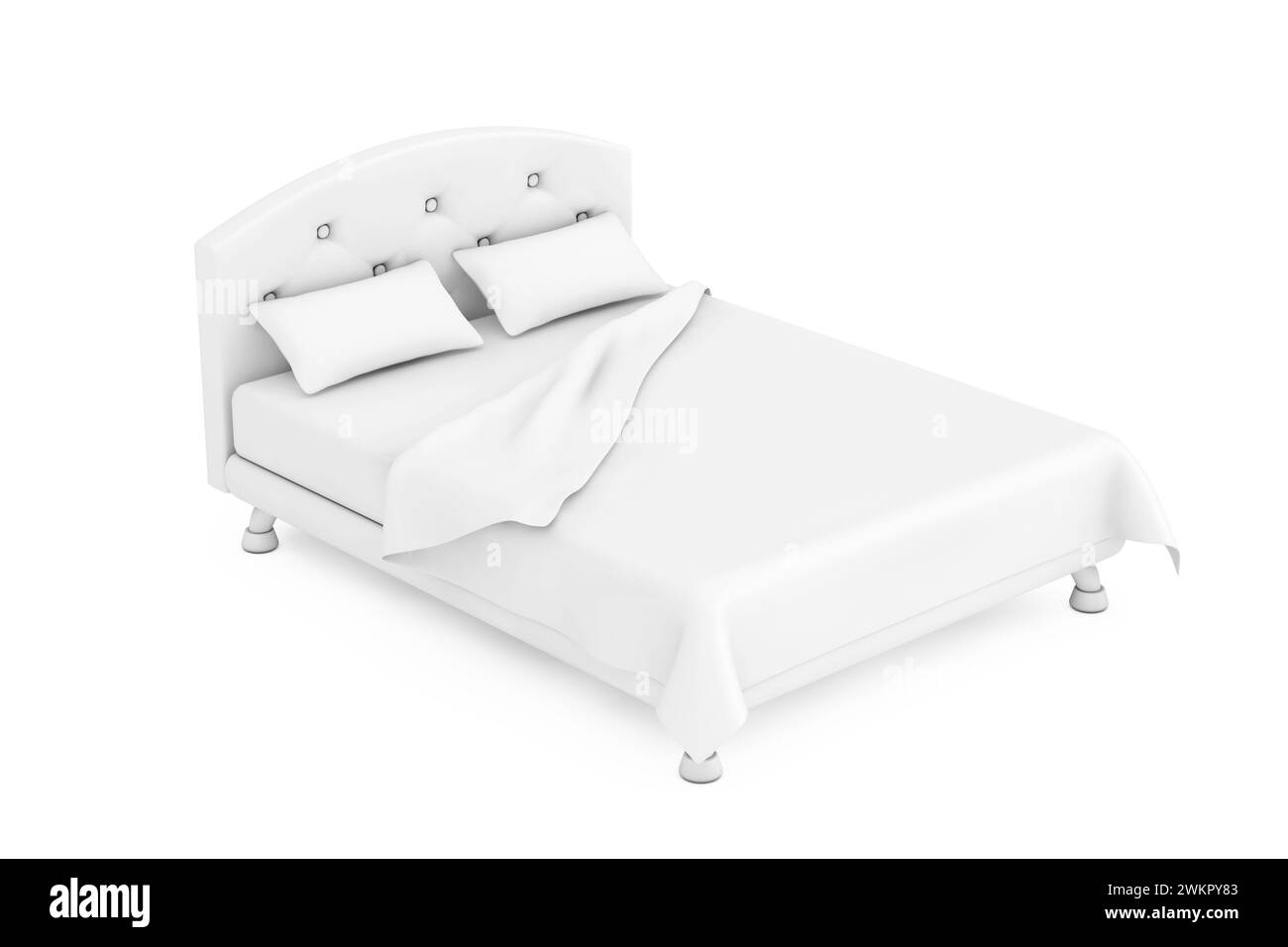 Icona del letto bianco monocromatico in stile argilla su sfondo bianco. Rendering 3d. Foto Stock