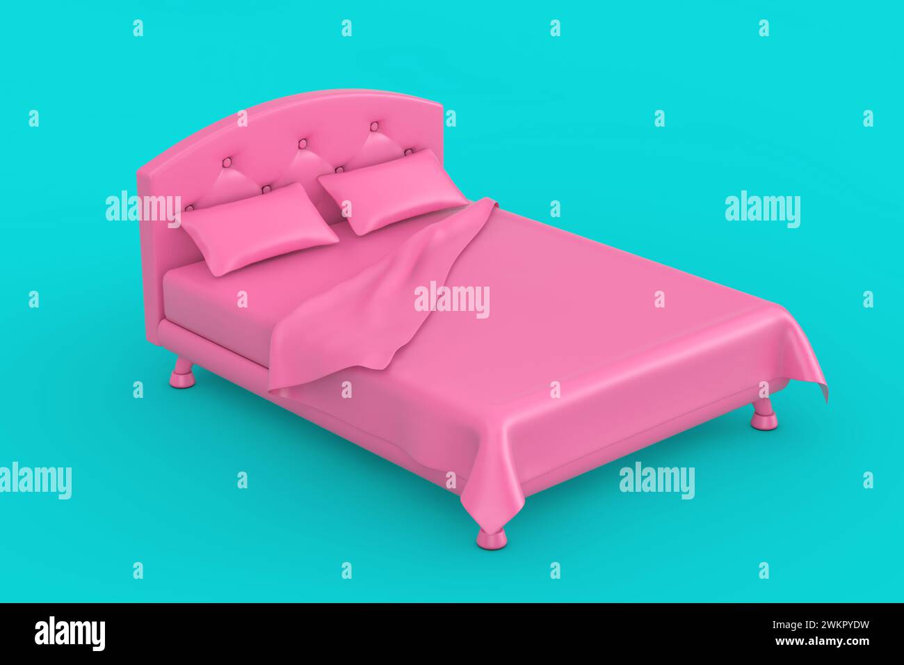 Icona del letto rosa monocromatico in stile Duotone su sfondo blu. Rendering 3d. Foto Stock