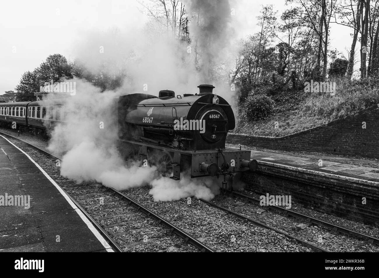Il treno Stean ora in partenza dalla stazione di Llangollen SEE in monocromia, preso il 28 ottobre 2023. Foto Stock