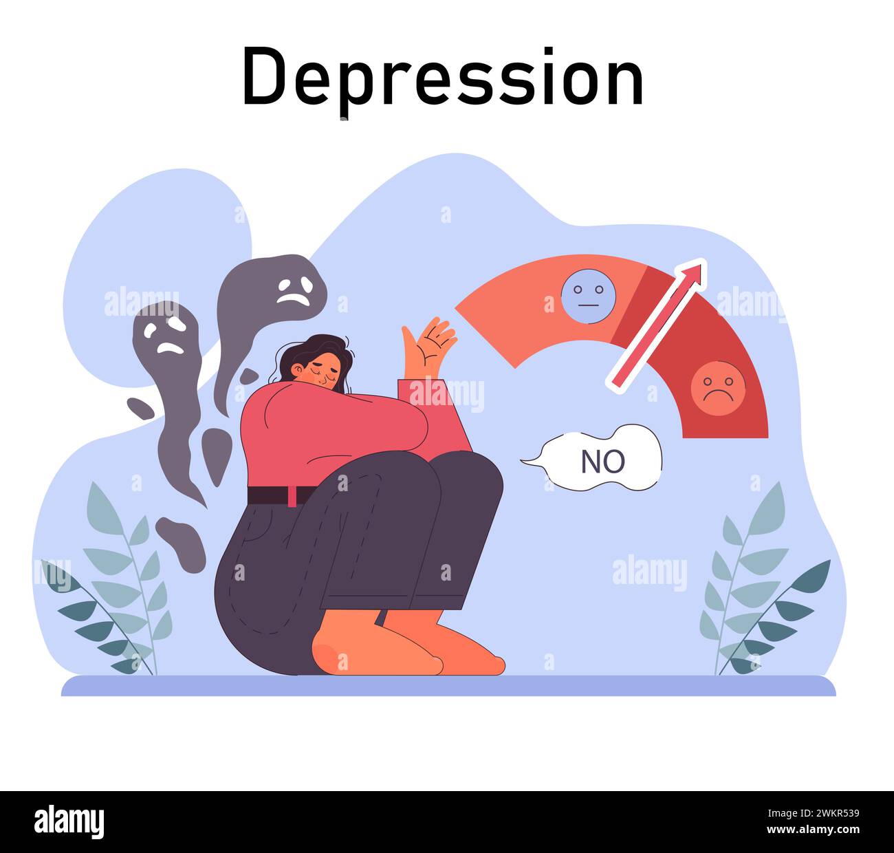 Disturbo da stress post traumatico. Personaggio femminile che soffre di disturbi mentali, che si occupa di disperazione, paura e dolore. Ansia e depressione. Illustrazione vettoriale piatta Illustrazione Vettoriale