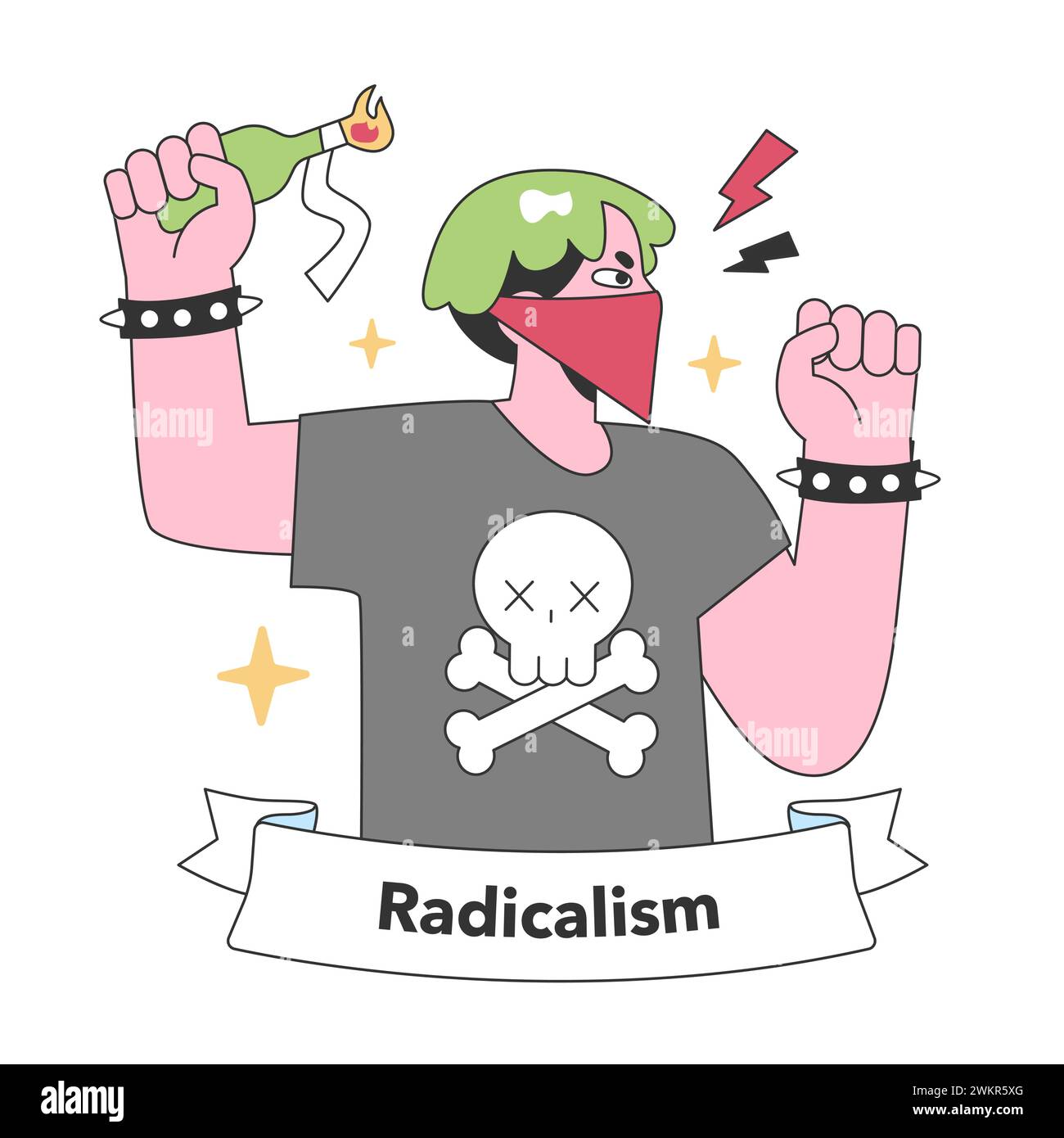 Radicalismo incarnato in una figura mascherata con un molotov rialzato, un simbolo forte di protesta e desiderio di cambiamento trasformativo. Illustrazione vettoriale piatta. Illustrazione Vettoriale