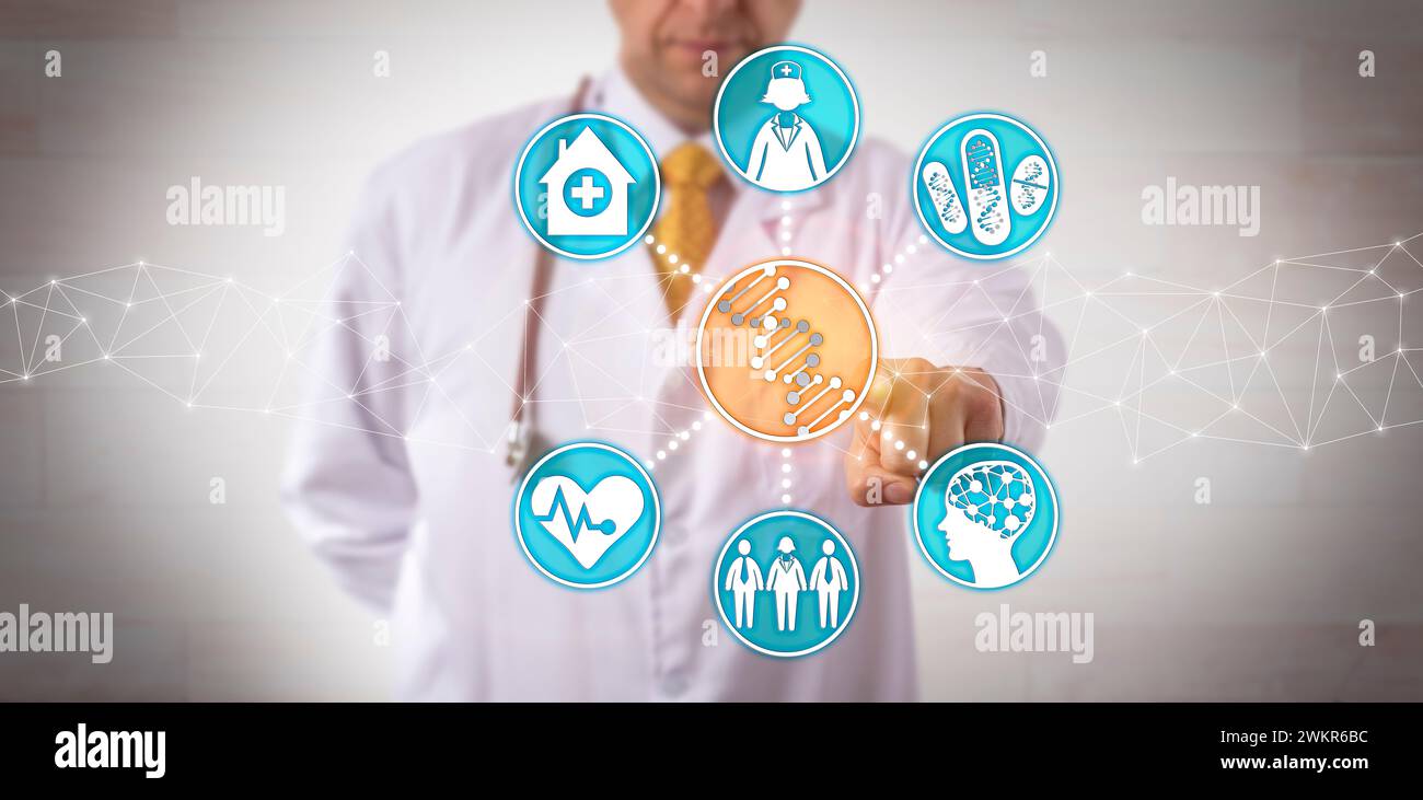 Medico maschile irriconoscibile che integra i dati genomici nel flusso di lavoro clinico. Concetto sanitario per farmacogenomica, farmacogenetica, personalizzato Foto Stock