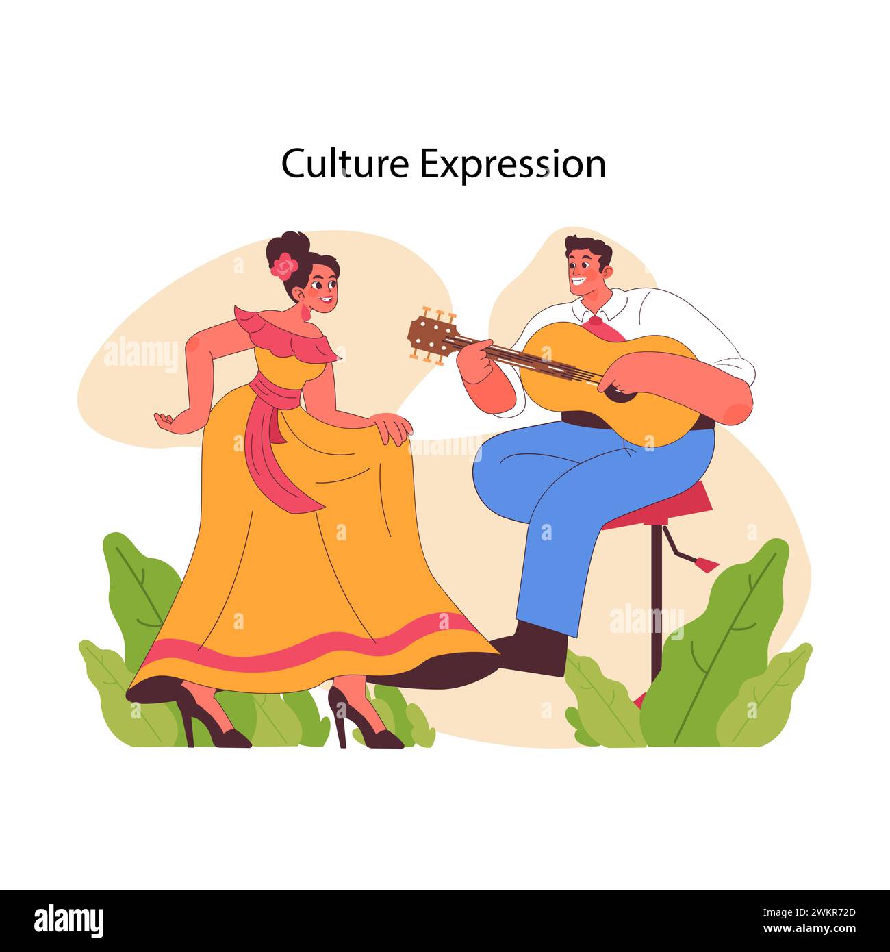 Concetto di espressione culturale. Artisti in abbigliamento tradizionale, che condividono il patrimonio attraverso la musica e la danza. Festeggiamo con costumi ispanici e messicani. Ricca narrazione culturale. Illustrazione vettoriale piatta Illustrazione Vettoriale