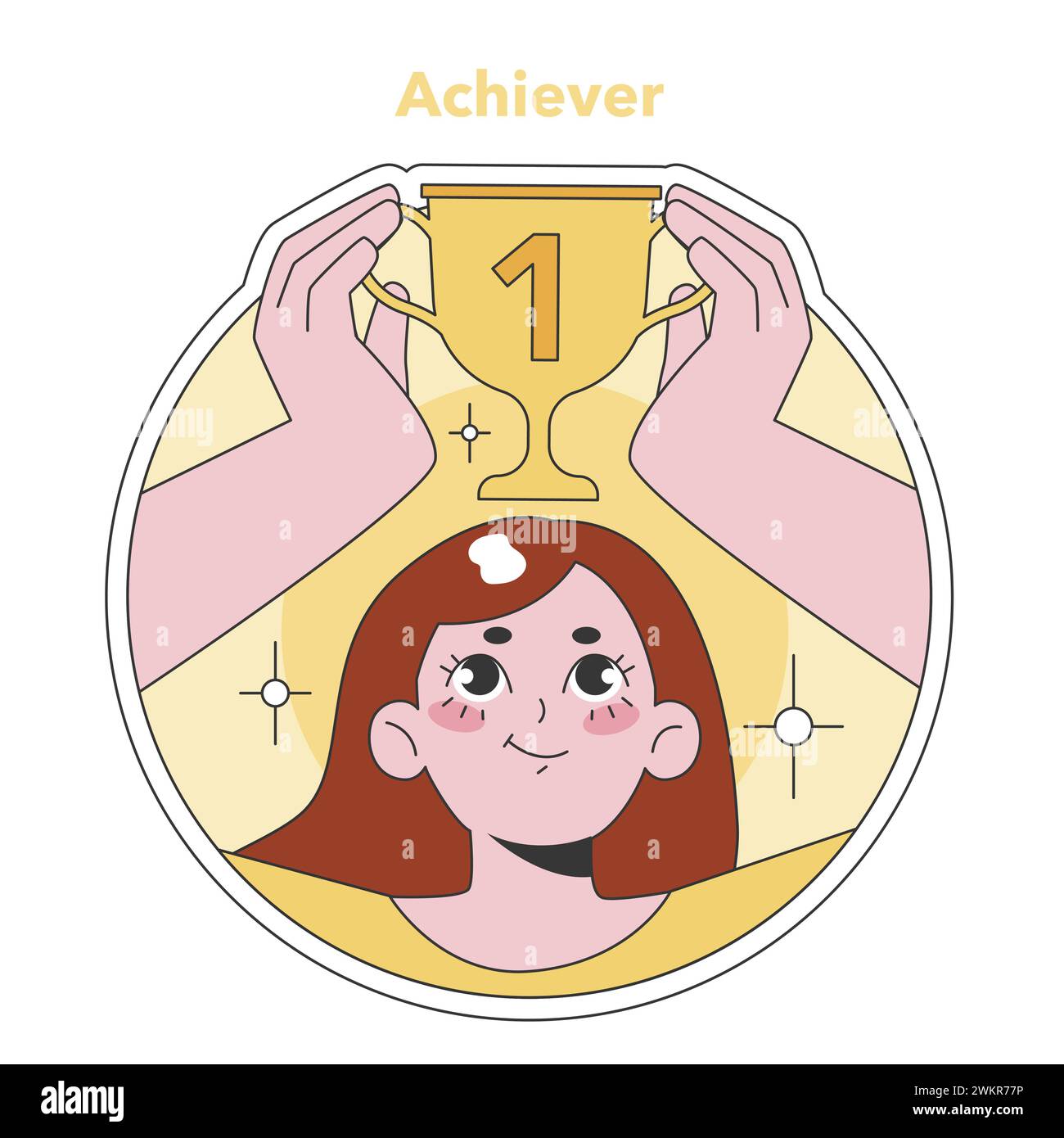 Illustrazione di tipo Enneagram Achiever. Un personaggio ambizioso e orientato all'eccellenza che detiene un trofeo, che rappresenta il successo e il successo. Ideale per temi motivazionali. Illustrazione vettoriale piatta Illustrazione Vettoriale