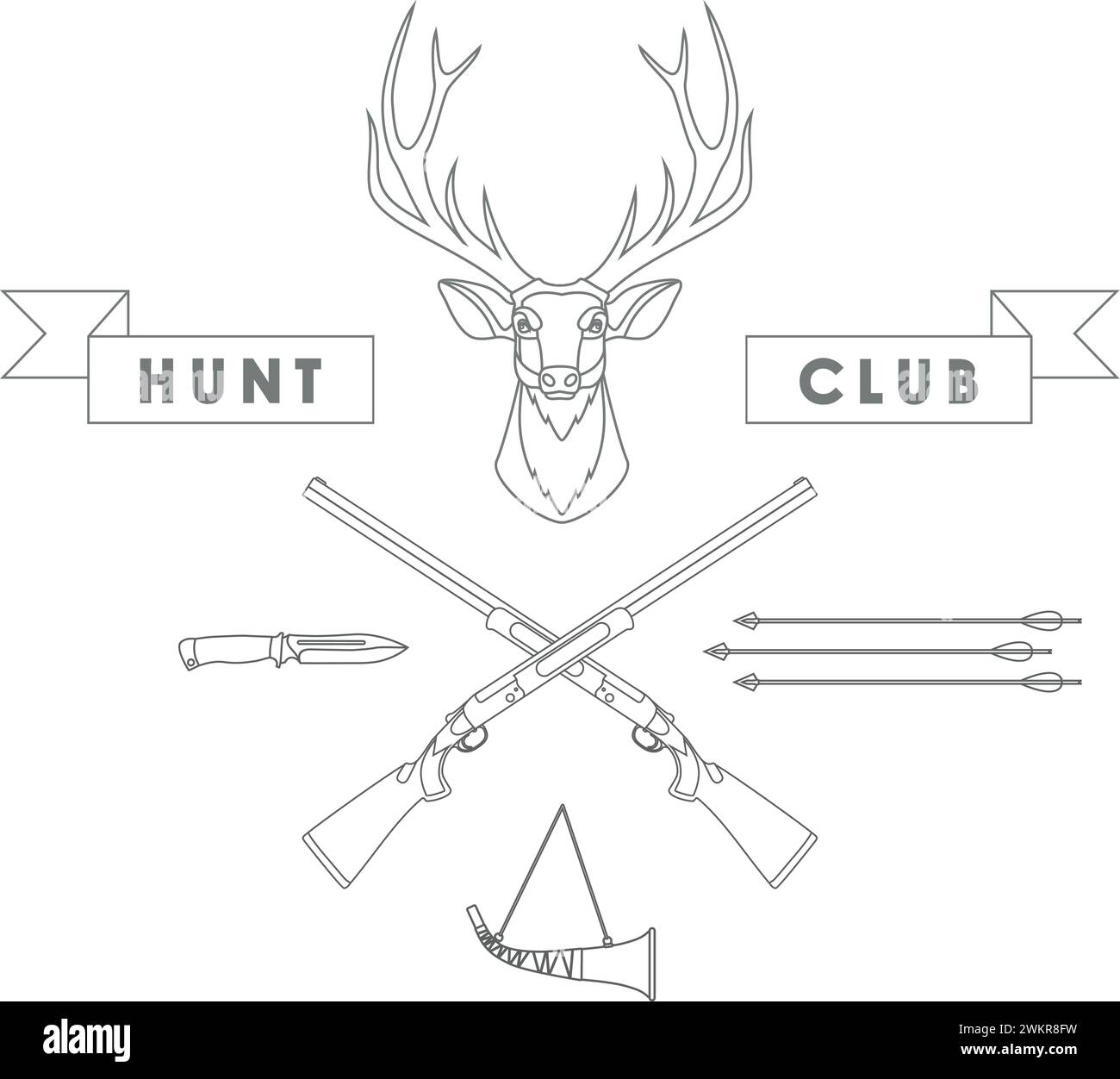 Testa di cervo, frecce di legno, coltello, fucilieri di caccia incrociati e contorno isolato Banner of Hunting Club in stile piatto. Illustrazione vettoriale. Illustrazione Vettoriale