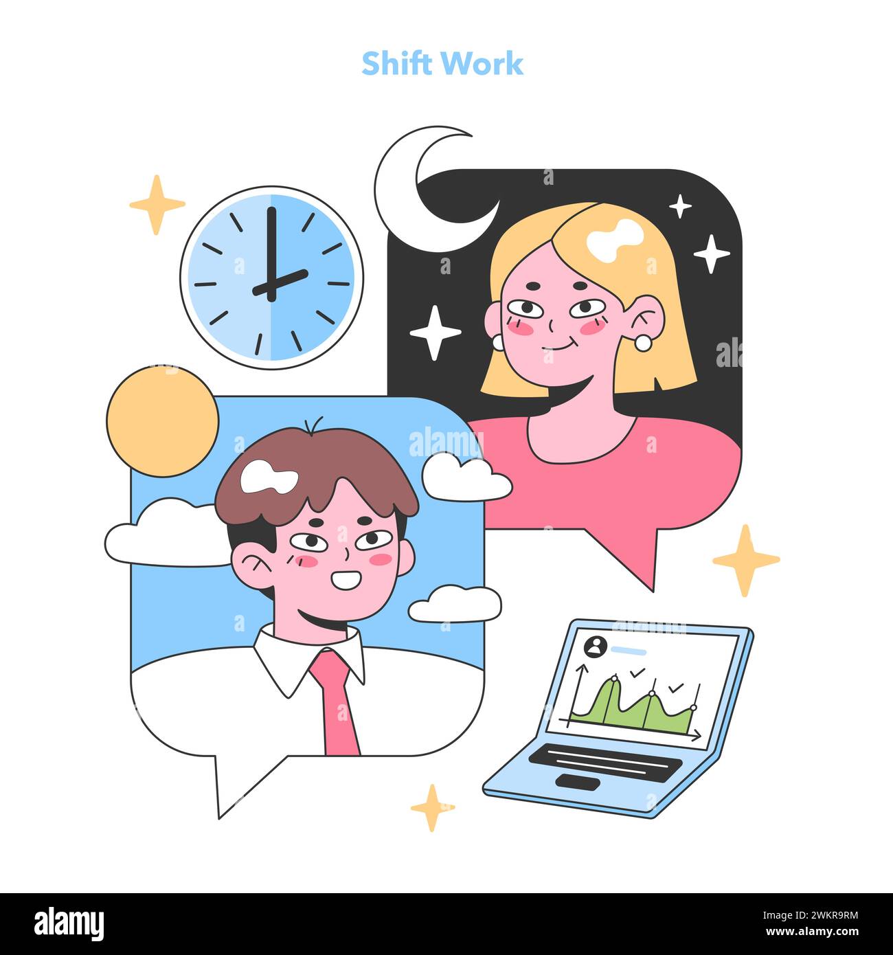 Shift Work Concept mette in mostra i dipendenti che bilanciano le attività diurne e notturne con l'efficienza. Adattandosi alle diverse ore di lavoro. Illustrazione vettoriale piatta. Illustrazione Vettoriale