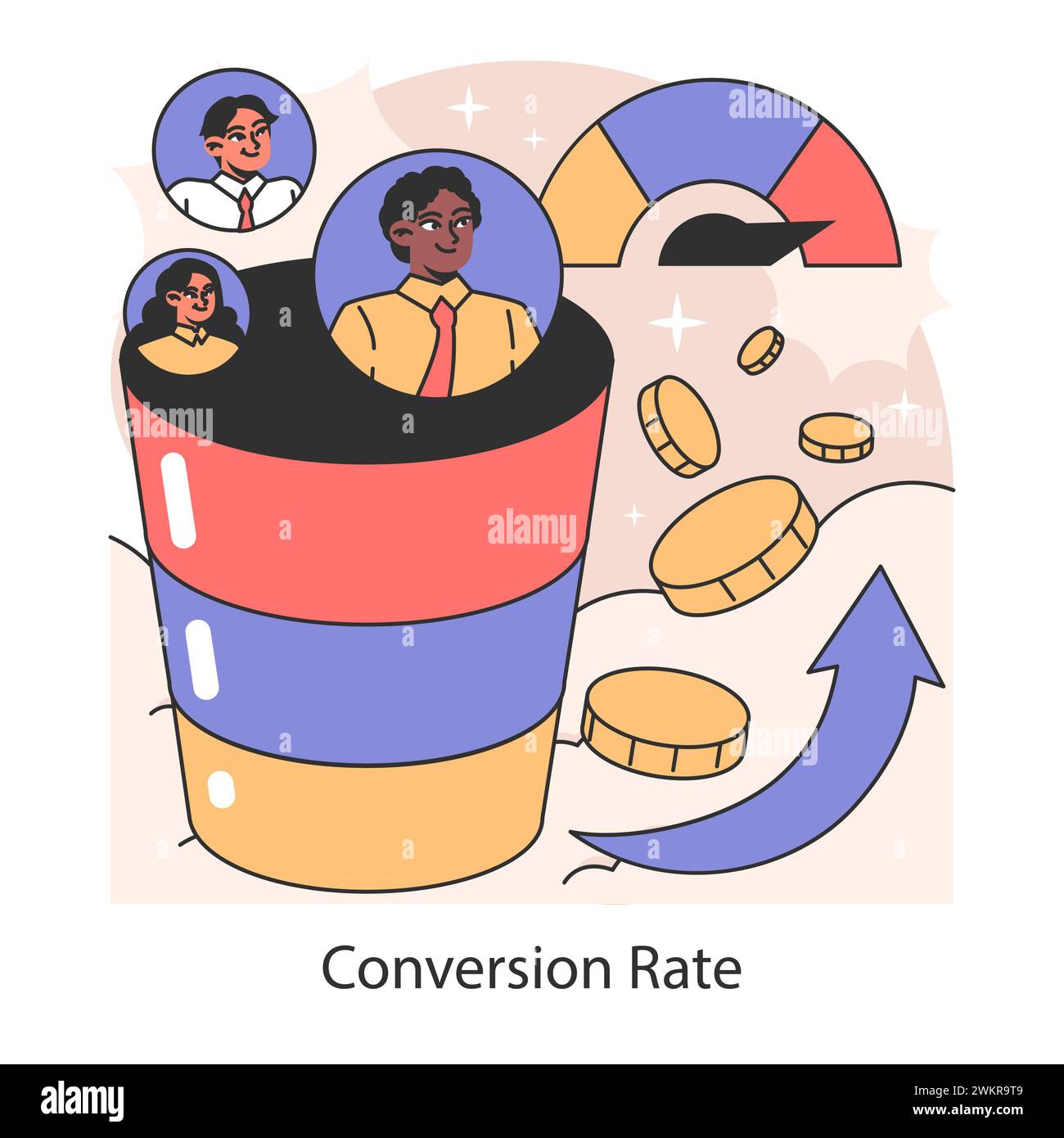 Concetto di tasso di conversione. Illustrazione delle dinamiche dell'imbuto di marketing con un aumento dei profitti. Visualizzare il percorso del cliente e la crescita delle vendite. Illustrazione vettoriale piatta. Illustrazione Vettoriale