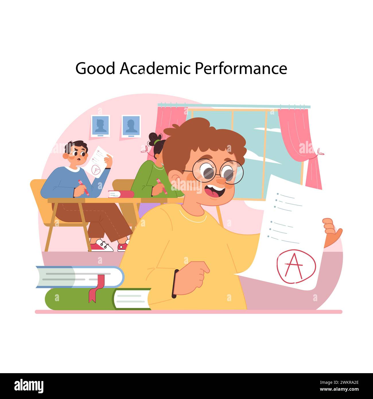 Buon concetto di prestazioni accademiche. Ragazzo che si sente felice e fortunato per aver ottenuto un alto livello di prova durante la lezione. Gli studenti sono orgogliosi dei loro risultati accademici, ispirando l'eccellenza. Illustrazione vettoriale piatta Illustrazione Vettoriale