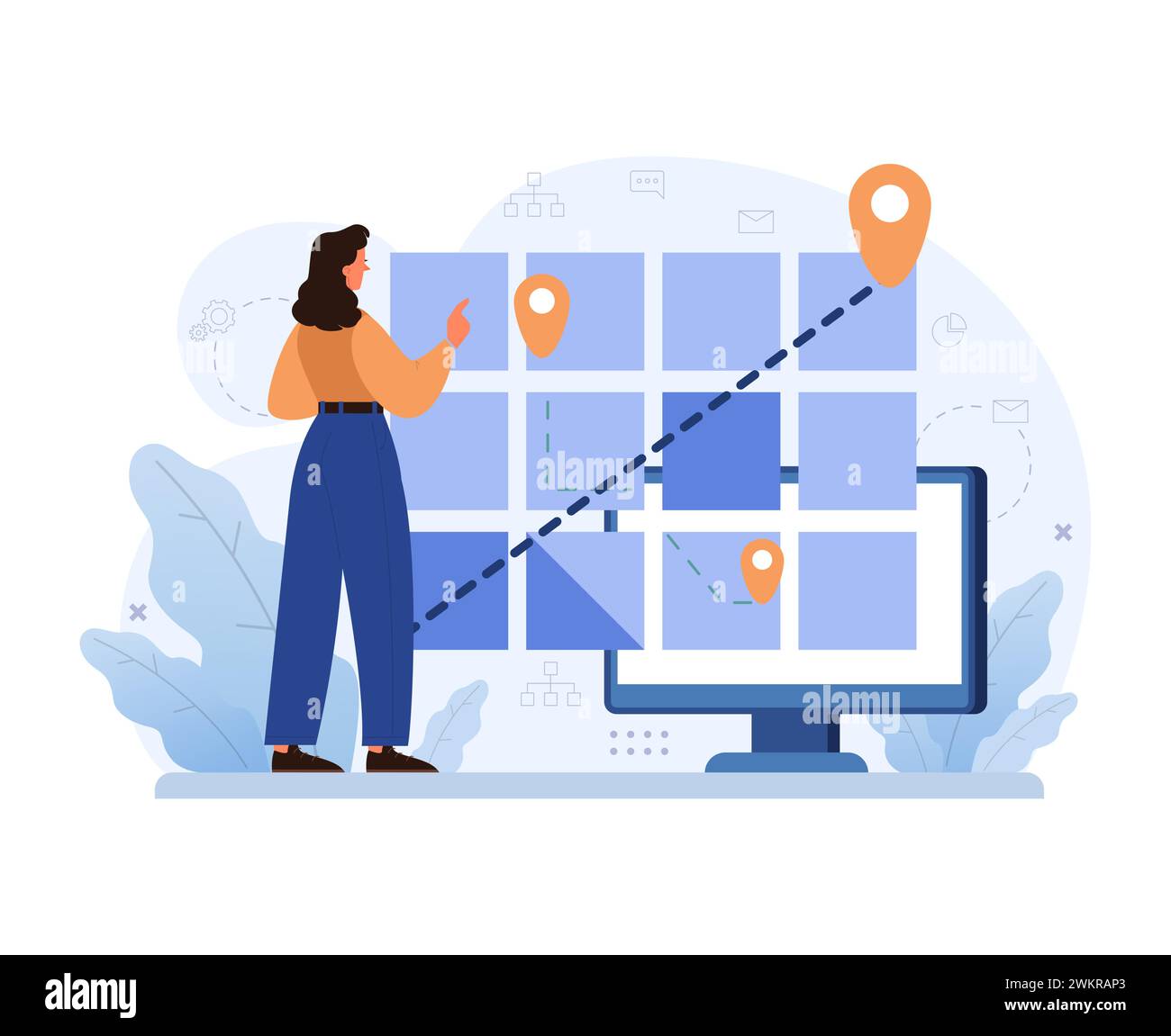 Concetto di navigazione digitale. La donna interagisce con la mappa virtuale sul computer, individuando le posizioni. Pianificazione del percorso, selezione della destinazione e visualizzazione del viaggio. Illustrazione vettoriale piatta Illustrazione Vettoriale