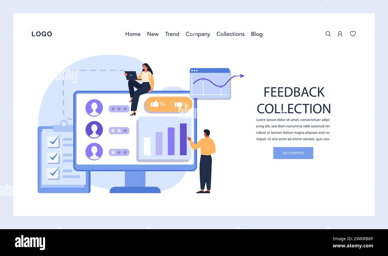 Team che analizza il feedback dei clienti su grande schermo, sottolineando le informazioni basate sui dati ricavate da valutazioni, recensioni e grafici delle prestazioni. Illustrazione vettoriale piatta. Illustrazione Vettoriale