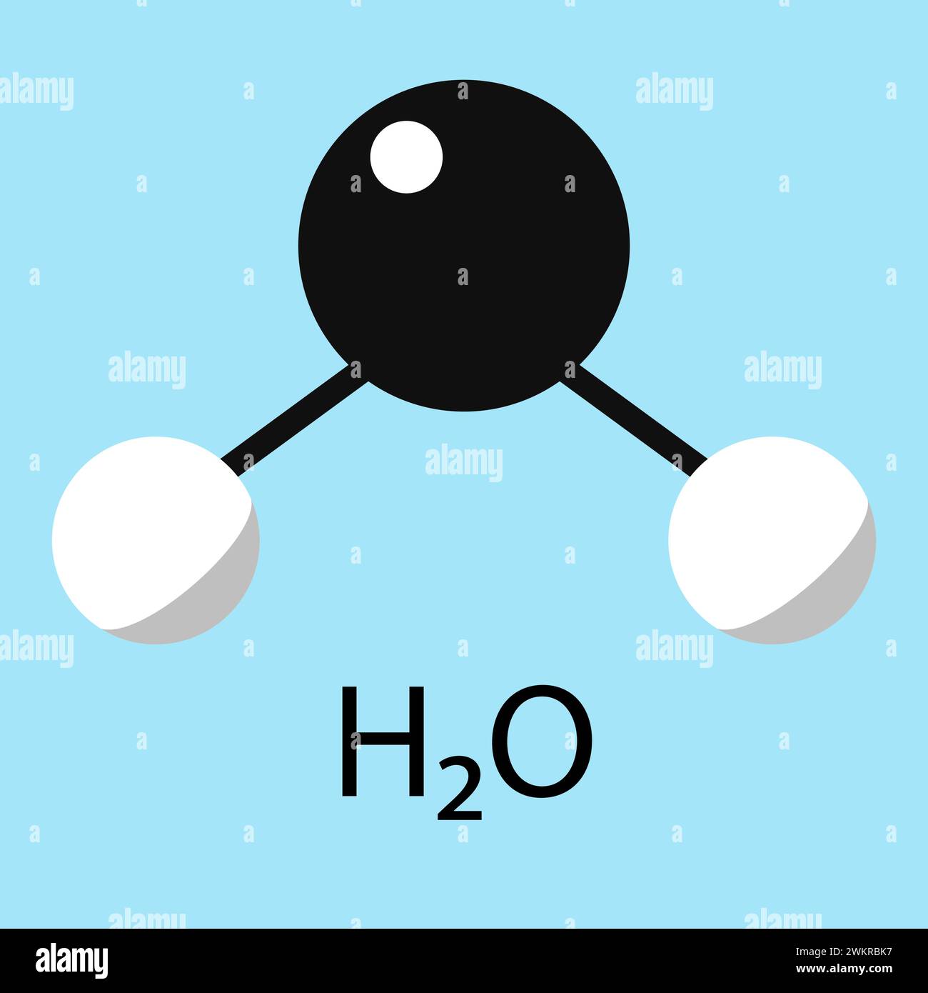Molecola d'acqua su sfondo blu. Modello con asta a sfera. Stile piatto, illustrazione vettoriale Illustrazione Vettoriale