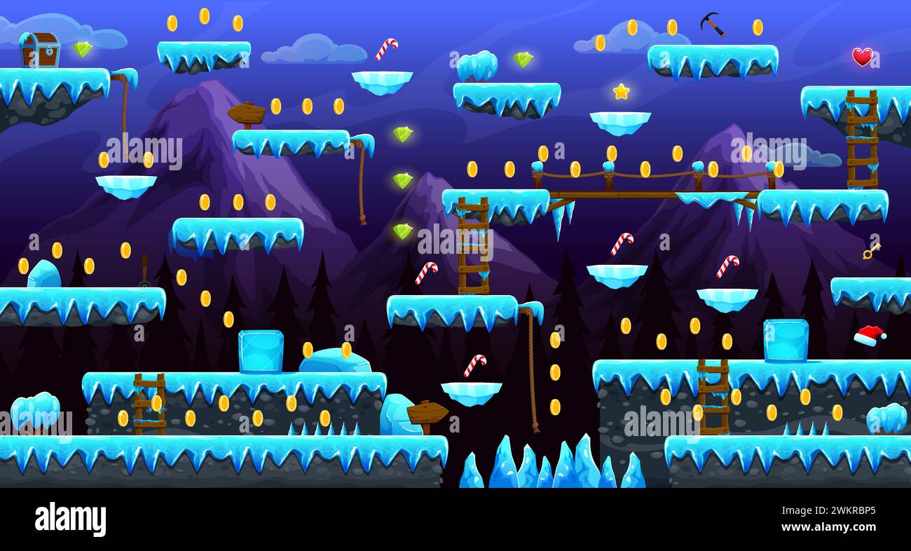 Arcade Frozen World game Level MAP Interface. Piattaforme di ghiaccio e scale, corda, bonus e monete d'oro, interfaccia utente vettoriale per video e giochi per computer 2d. Sfondo di un paesaggio montano con piattaforme di ghiaccio a cartoni animati Illustrazione Vettoriale