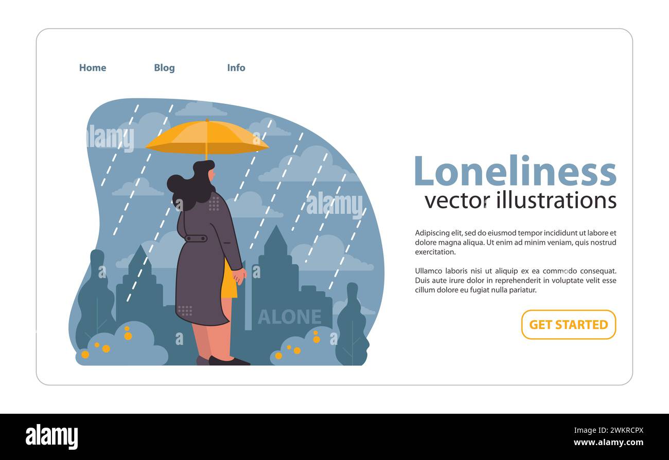 Web solitudine o atterraggio. Figura solitaria sullo sfondo della città, protetta da un piccolo ombrello sotto la pioggia. Illustrazione vettoriale piatta. Illustrazione Vettoriale