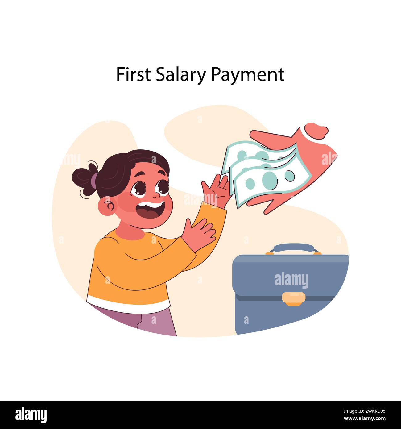 Primo concetto di guadagno. Una bambina giubilante tiene il suo primo stipendio con orgoglio, una prima lezione sul valore del lavoro e della ricompensa finanziaria, accanto a una classica valigetta. Illustrazione vettoriale piatta Illustrazione Vettoriale Primo concetto di guadagno. Una bambina giubilante tiene il suo primo stipendio con orgoglio, una prima lezione sul valore del lavoro e della ricompensa finanziaria, accanto a una classica valigetta. Illustrazione vettoriale piatta Illustrazione Vettoriale