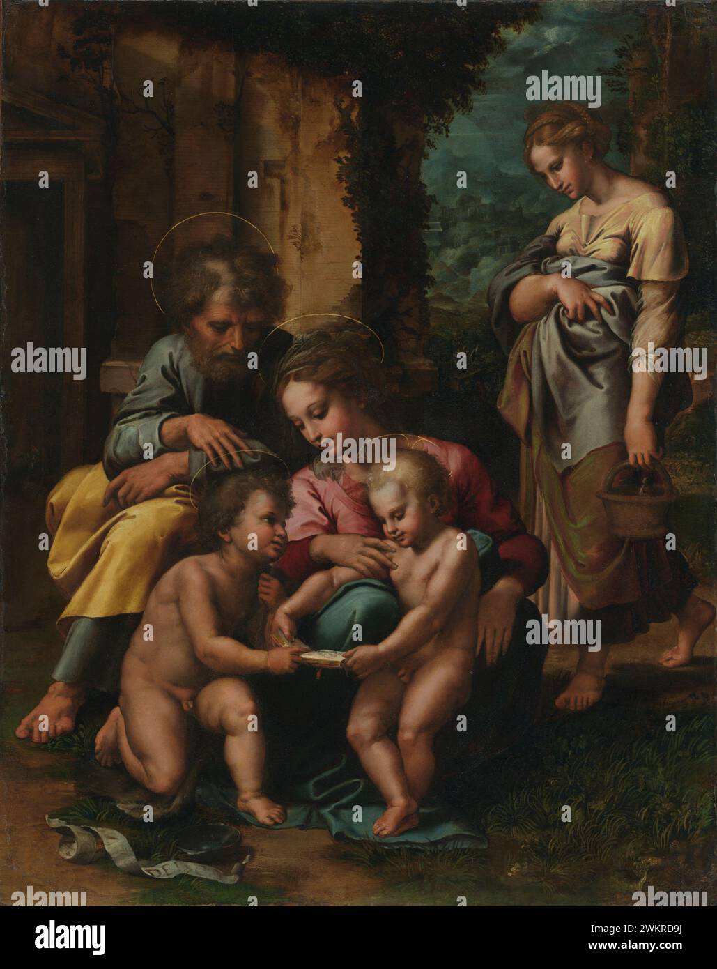 La Sacra famiglia; Giulio Romano (Giulio Pippi) (italiano, prima del 1499 - 1546); Italia; circa 1520 - 1523; olio (eventualmente mescolato con tempera) su tavola; 77,5 x 61,9 cm (30 1/2 x 24 3/8 poll.); 95.PB.64 Foto Stock