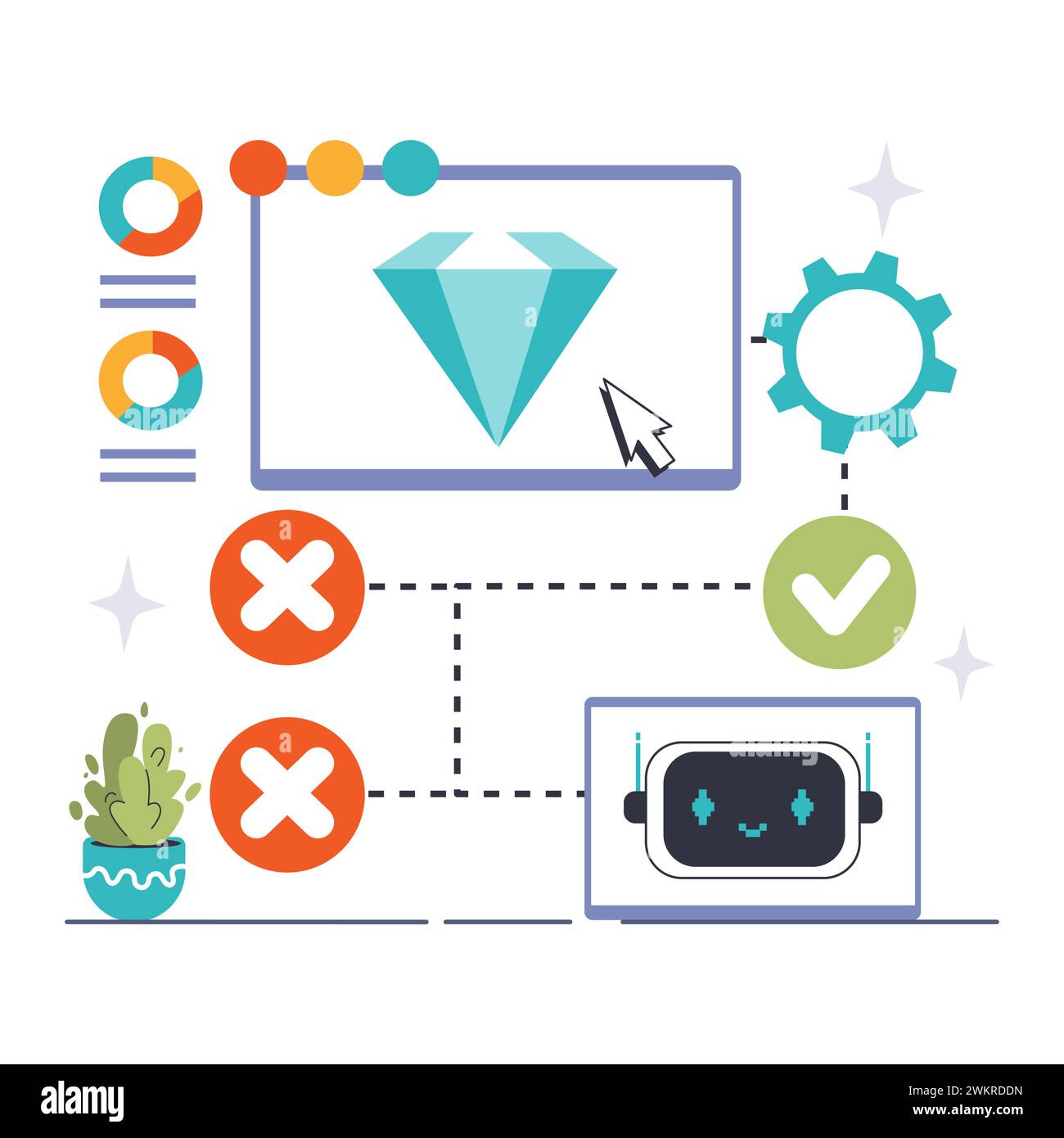 Rafforzare il concetto di apprendimento. Un viaggio visivo attraverso una formazione basata su algoritmi a premi, con icone che indicano scelte giuste e sbagliate che portano a un obiettivo. Illustrazione vettoriale piatta Illustrazione Vettoriale