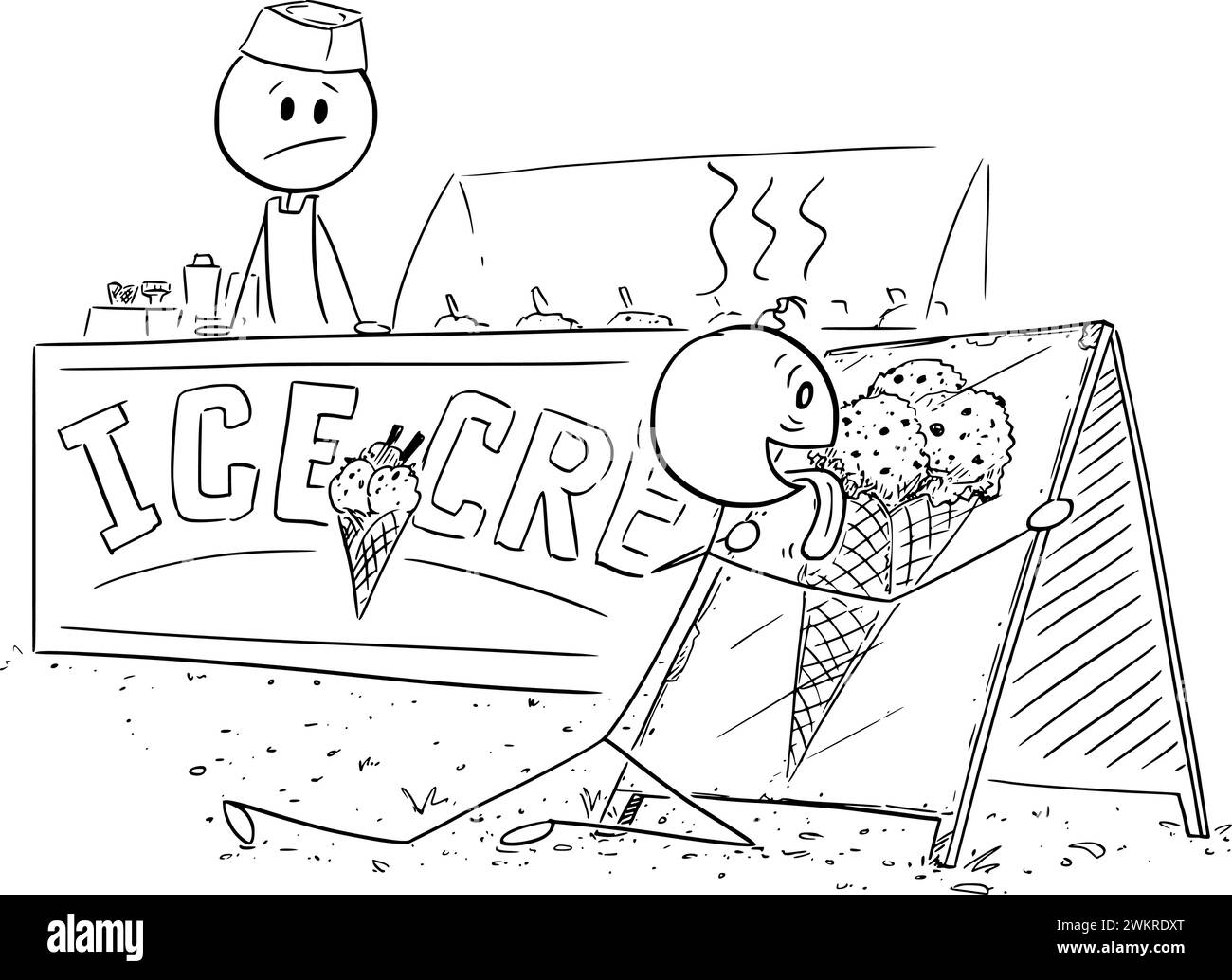 Cartello di leccarsi la persona surriscaldata con la foto del gelato, illustrazione della figura del Cartoon Stick vettoriale Illustrazione Vettoriale