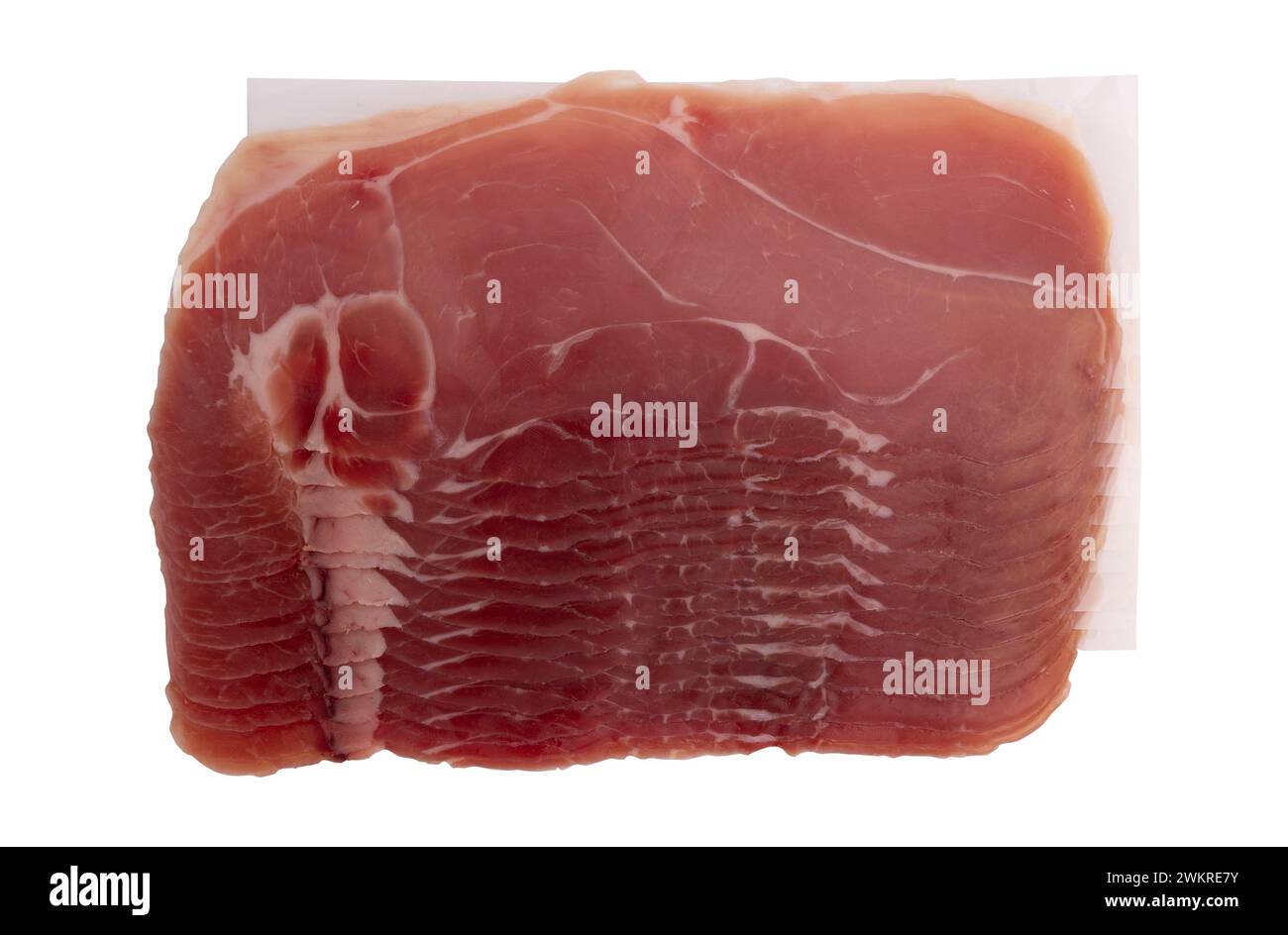 jamon, prosciutto isolato su bianco con percorso di ritaglio, salumi secchi o fette di prosciutto, vista dall'alto Foto Stock