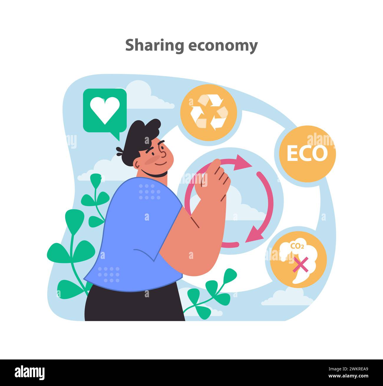 Concetto di economia condivisa. Festeggiamo il consumo collaborativo e la riduzione delle emissioni di carbonio. Migliorare la condivisione della comunità e i valori ecologici. Illustrazione vettoriale piatta. Illustrazione Vettoriale