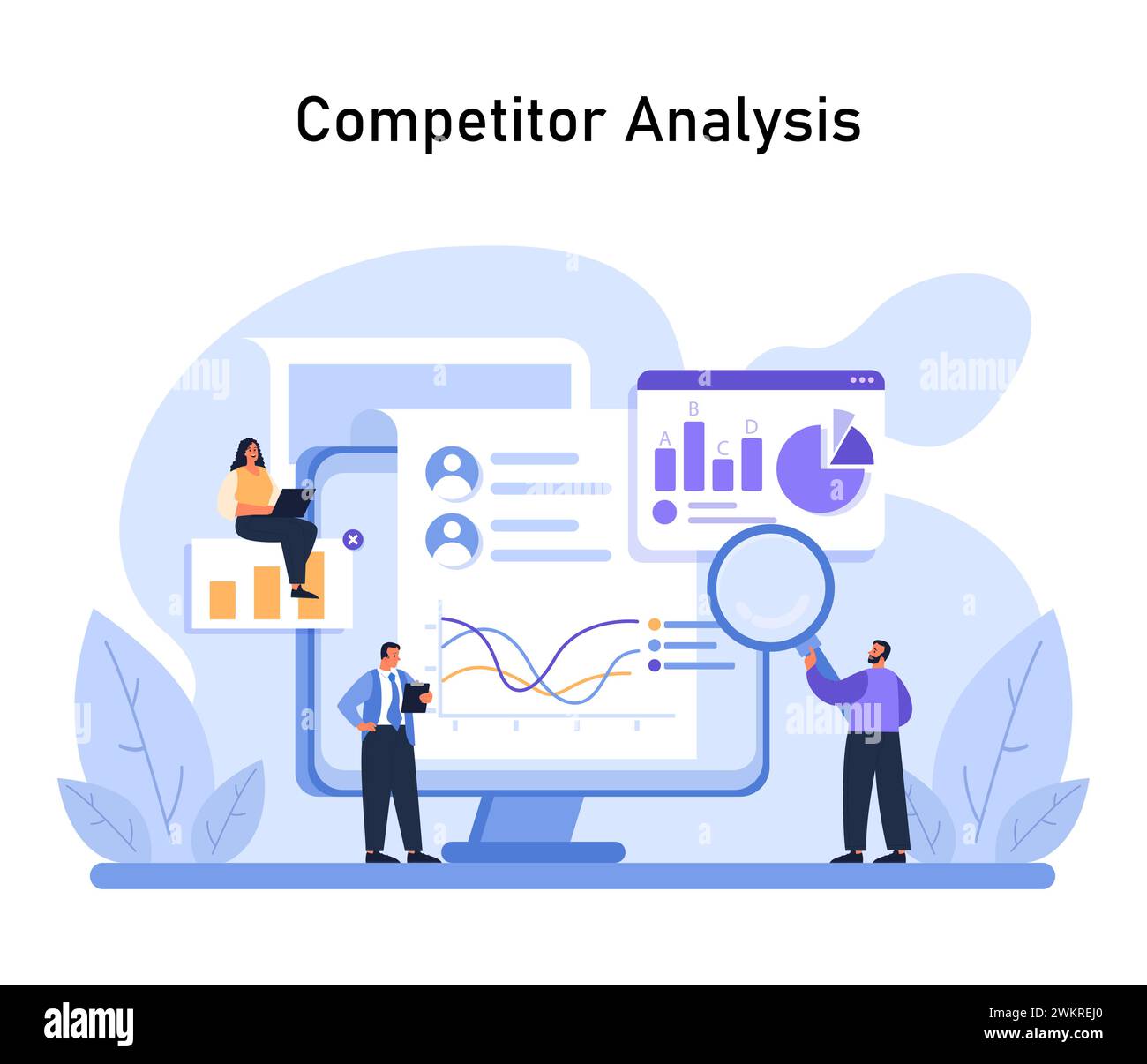 Immagine dell'analisi della concorrenza. Il team valuta meticolosamente le tendenze di mercato e le strategie rivali, utilizzando l'analisi per prendere decisioni di progettazione. Illustrazione vettoriale piatta Illustrazione Vettoriale