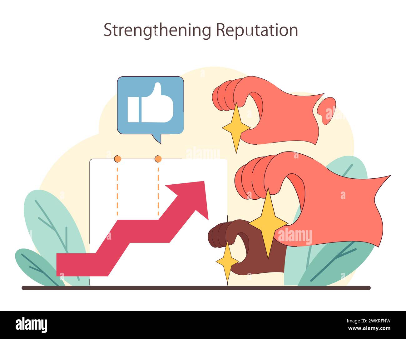 Rafforzare il concetto di reputazione. Mostrare la crescita del feedback positivo e dell'approvazione con gesti simili e tendenze al rialzo. Creazione di fiducia visiva. Illustrazione vettoriale piatta. Illustrazione Vettoriale