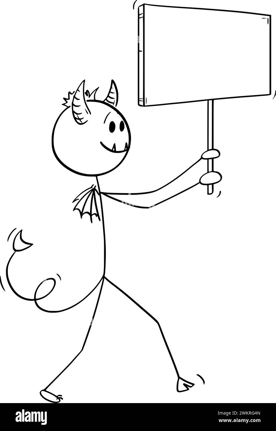 Devil Walking with Sign, illustrazione della figura Vector Cartoon Stick Illustrazione Vettoriale