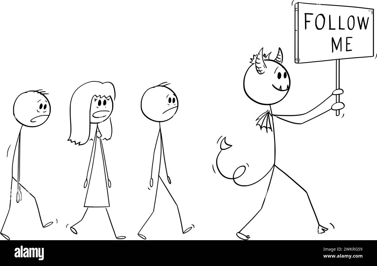 Devil Walking with Follow me Sign, Vector Cartoon Stick Figure Illustration Illustrazione Vettoriale