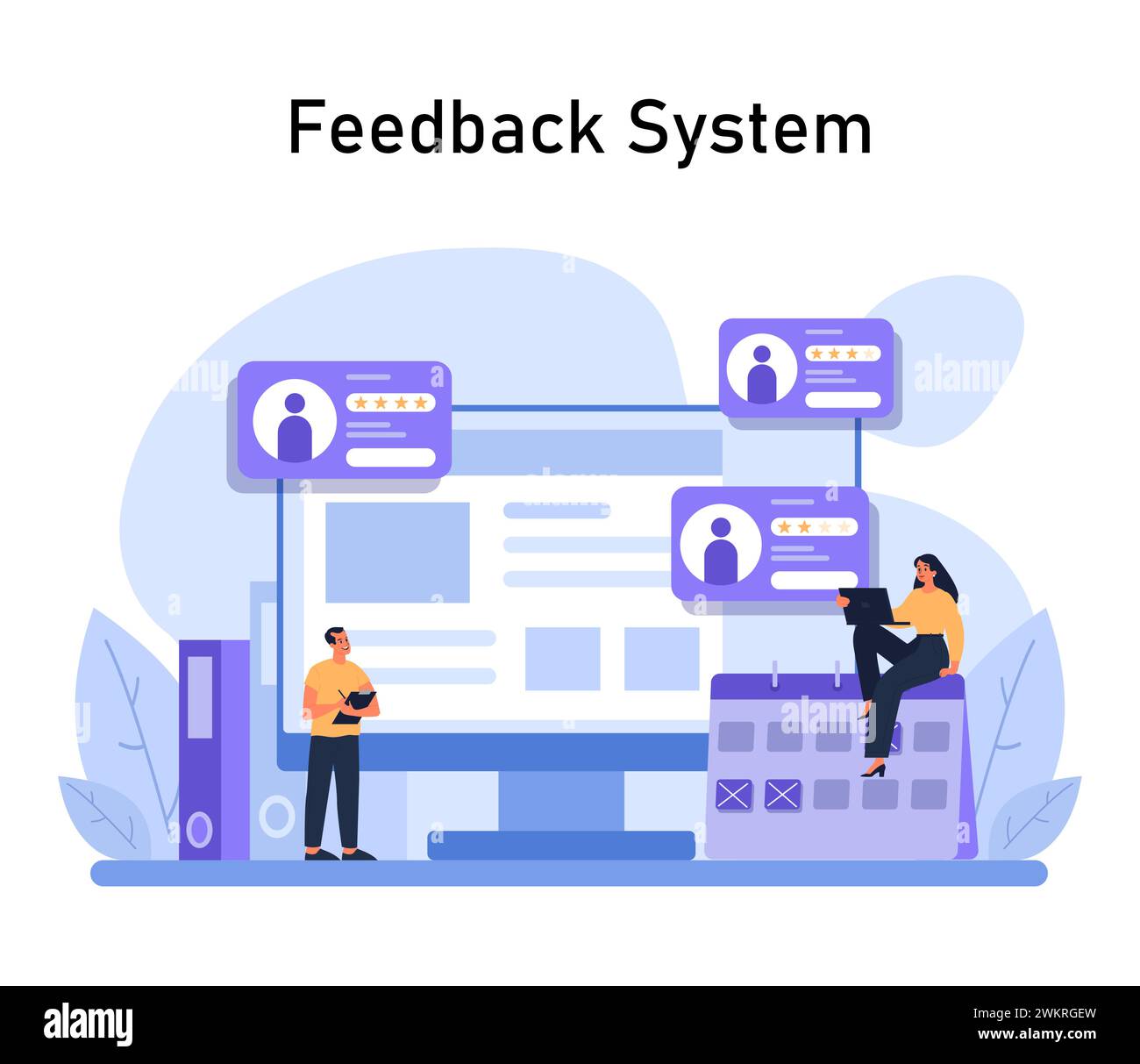 Concetto di sistema di feedback. Professionisti che analizzano valutazioni e recensioni degli utenti su una piattaforma digitale, migliorando l'esperienza dei clienti. Strategia di miglioramento continuo. Illustrazione vettoriale piatta. Illustrazione Vettoriale