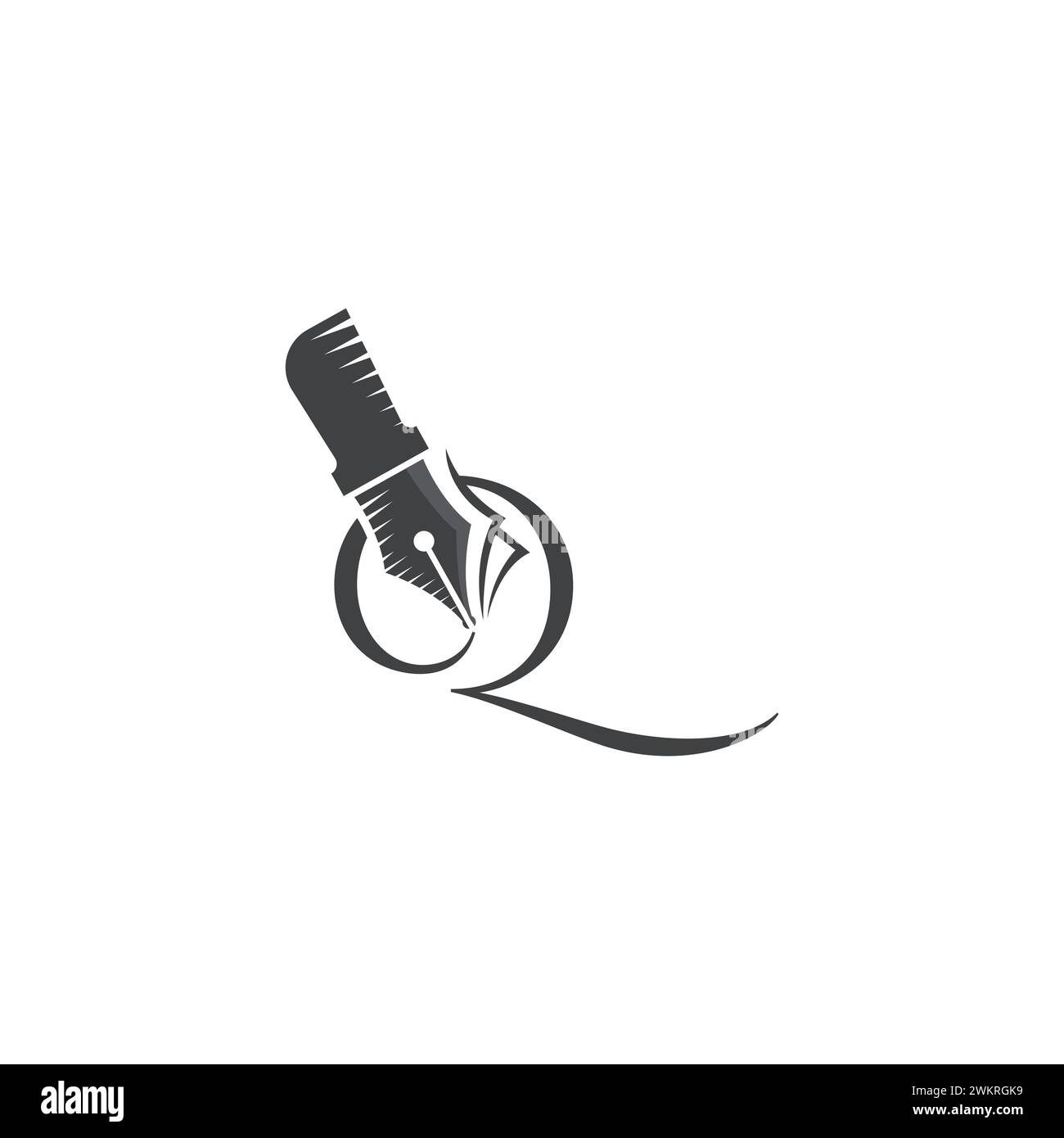 Icona classica del logo Q Pen. Logo della penna con la lettera iniziale q immagine della silhouette vettoriale. Design calligrafico Q a forma di matita. Illustrazione Vettoriale