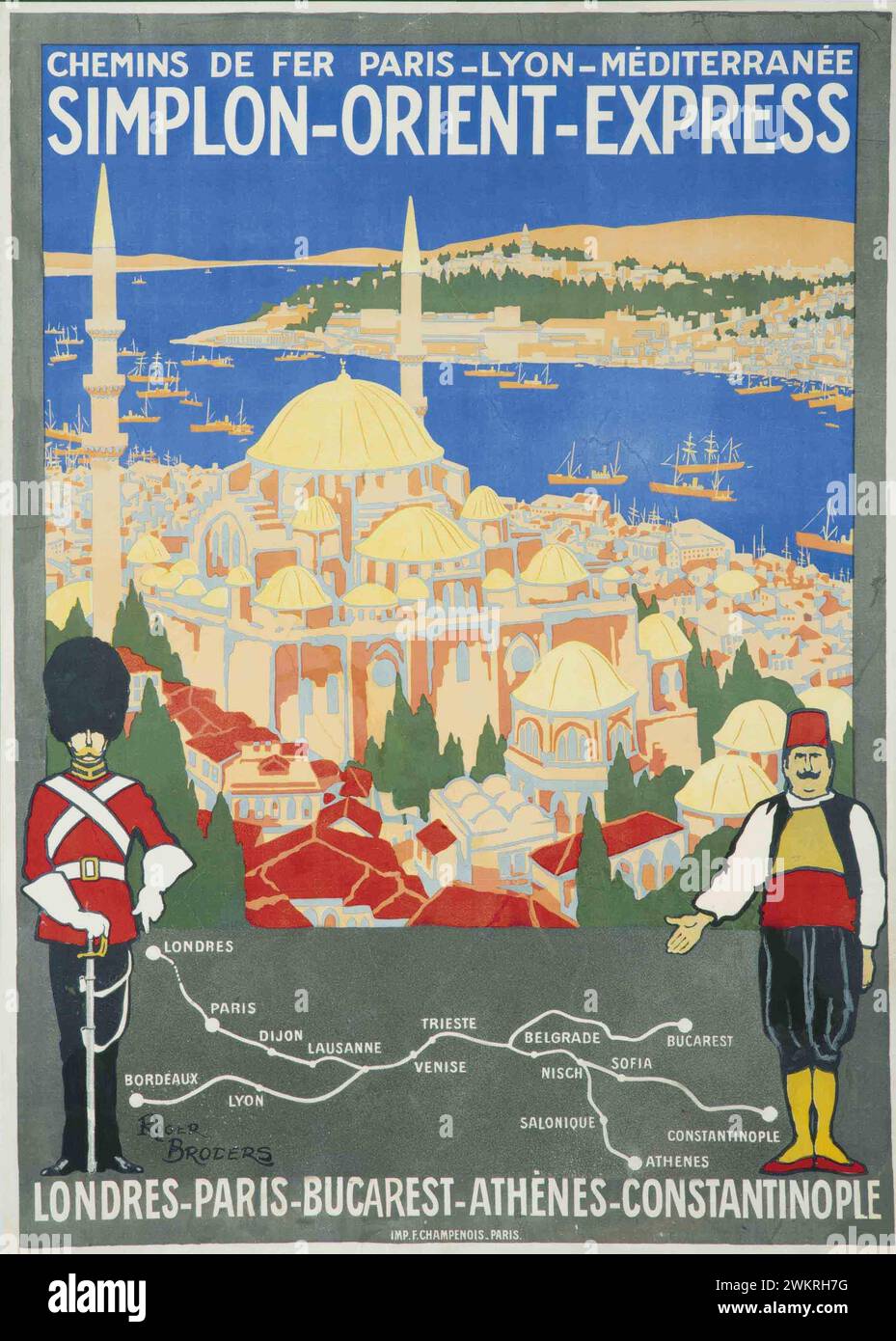 Poster da viaggio vintage. "Simplon Orient Express" Francia di Roger Broders, anni '1920 Con vedute di Istanbul, disegno della mappa del percorso e guardie inglesi e turche. Foto Stock