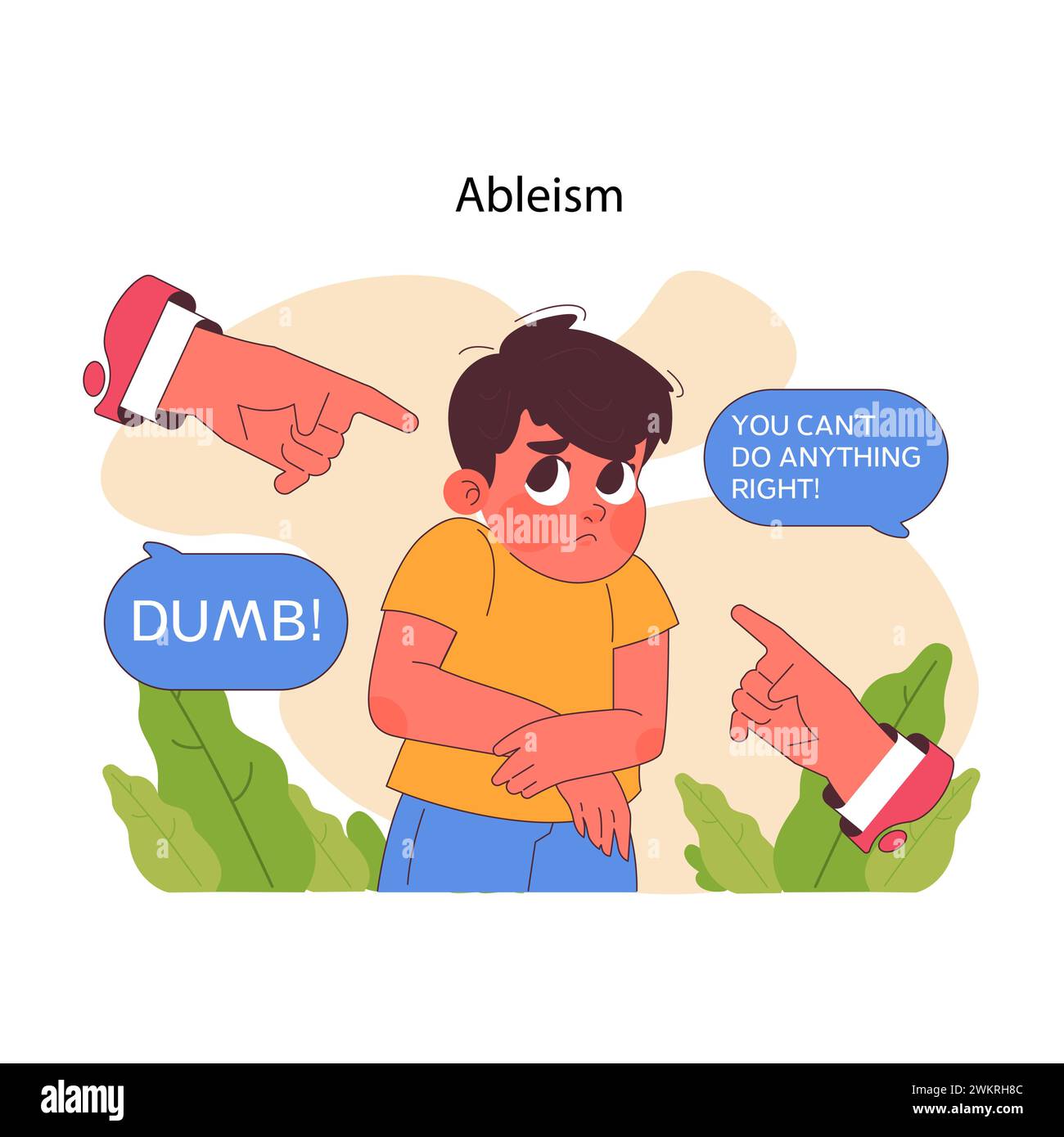 Concetto di ableismo. Ragazzo autistico che si vergogna e chiama nomi. Realtà di discriminazione e importanza di una comunicazione rispettosa. Incoraggiare un cambiamento sociale positivo. Illustrazione vettoriale piatta Illustrazione Vettoriale