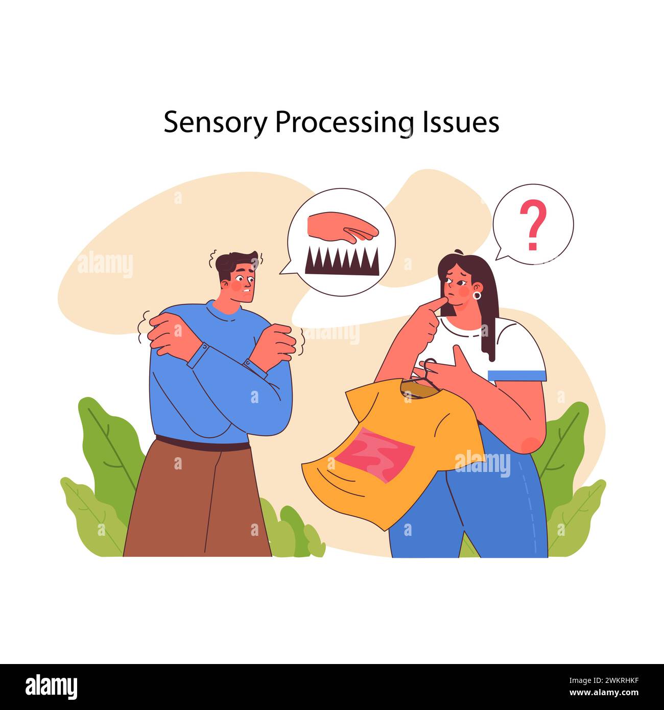 Descrizione approfondita dei problemi di elaborazione sensoriale, catturando la confusione e il disagio che devono affrontare gli individui con sensibilità sensoriali. Illustrazione vettoriale piatta Illustrazione Vettoriale