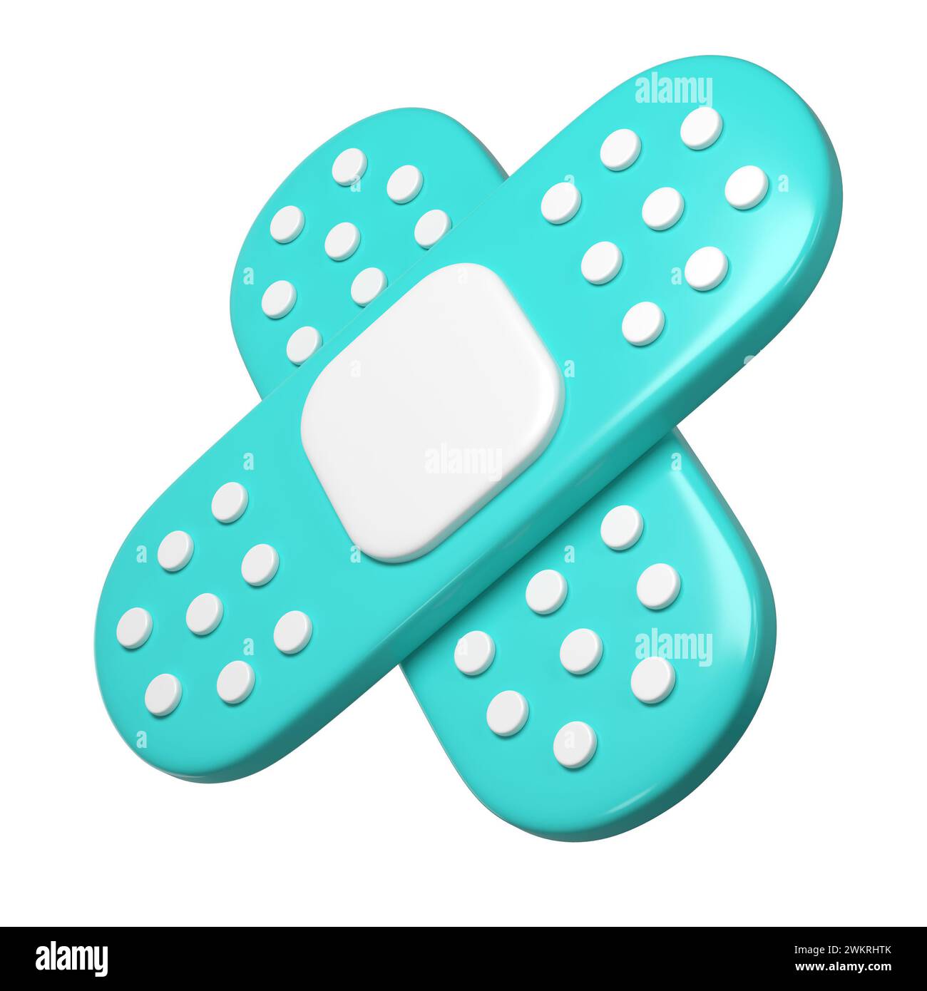 icona 3d medical due intonaci incrociati. Rendering di un'illustrazione di una benda adesiva. Toppa di recupero mediana color turchese e bianco in un cartoni animati cartoni animati Foto Stock