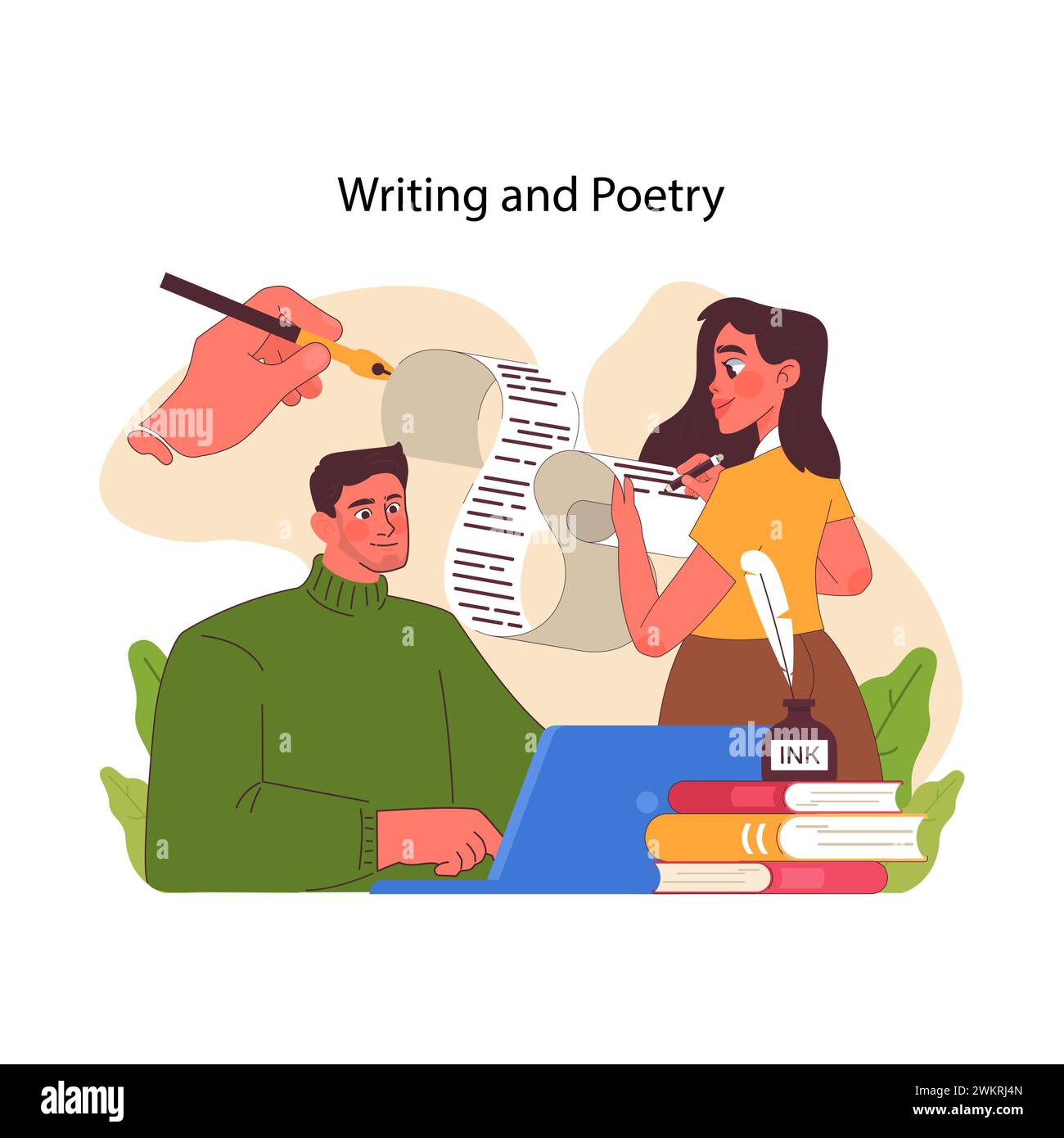 Scrittura e poesia. Persone ispirate impegnate nel processo creativo di scrittura, circondate da libri e inchiostro. Espressione artistica attraverso le parole. Illustrazione vettoriale piatta Illustrazione Vettoriale