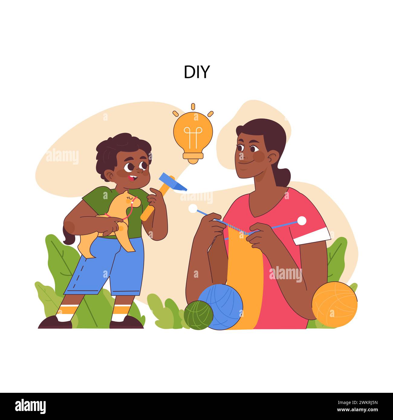 Fallo da solo. Creazione gioiosa e innovazione con filati e giocattoli. Un viaggio creativo dall'idea alla realtà. Creazione di prodotti e articoli personali e unici. Illustrazione vettoriale piatta Illustrazione Vettoriale