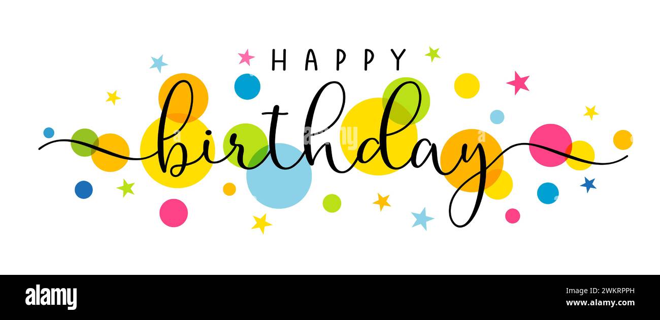 Felice compleanno frase scritta a mano con nastri a turbolenza e cerchi colorati. Design vettoriale per poster e biglietti d'auguri con testo e coriandoli colorati Illustrazione Vettoriale Felice compleanno frase scritta a mano con nastri a turbolenza e cerchi colorati. Design vettoriale per poster e biglietti d'auguri con testo e coriandoli colorati Illustrazione Vettoriale